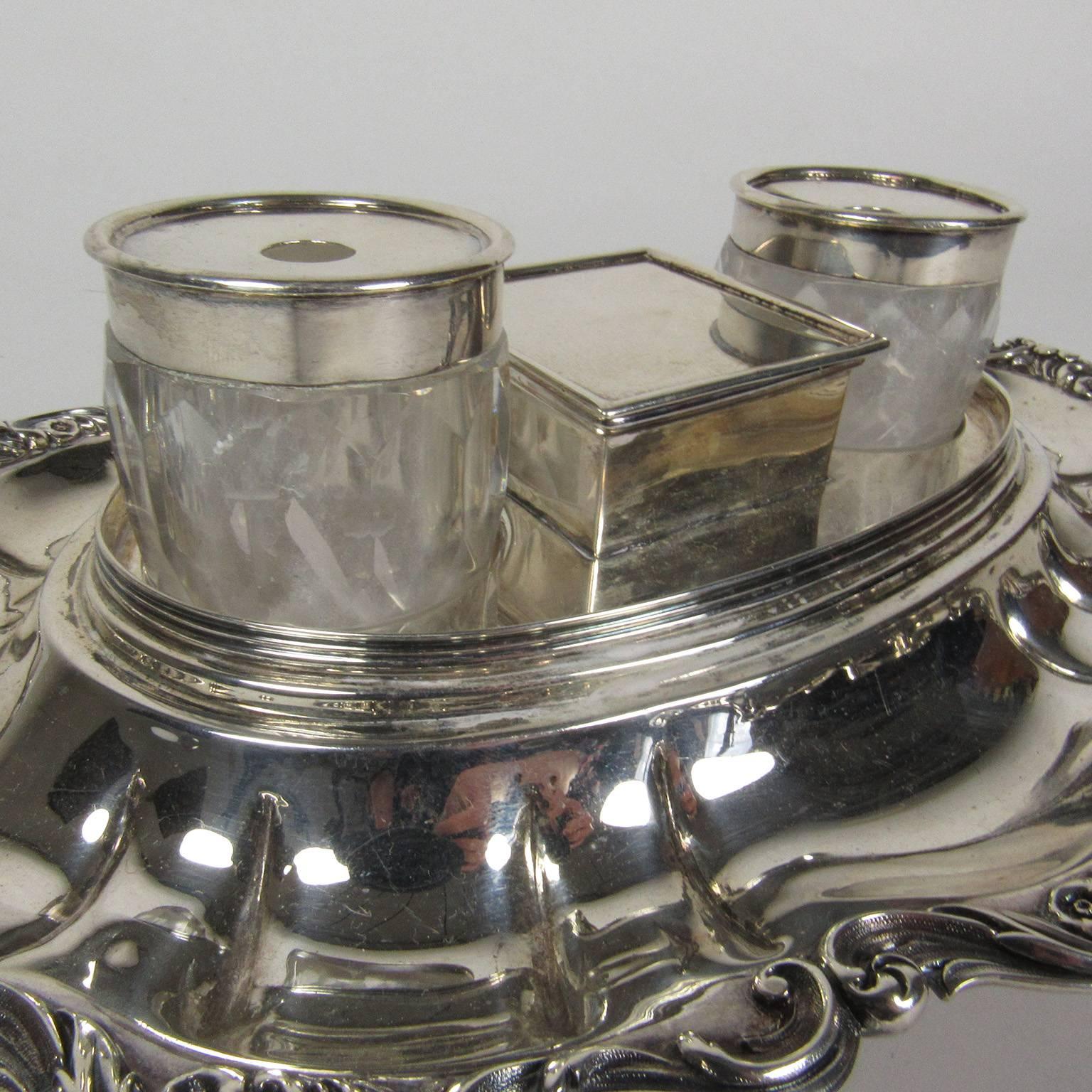 William IV sterling silver double inkwell with hallmarks for James Charles Edington, maker, London, 1837. Measures: Length 10 inches.