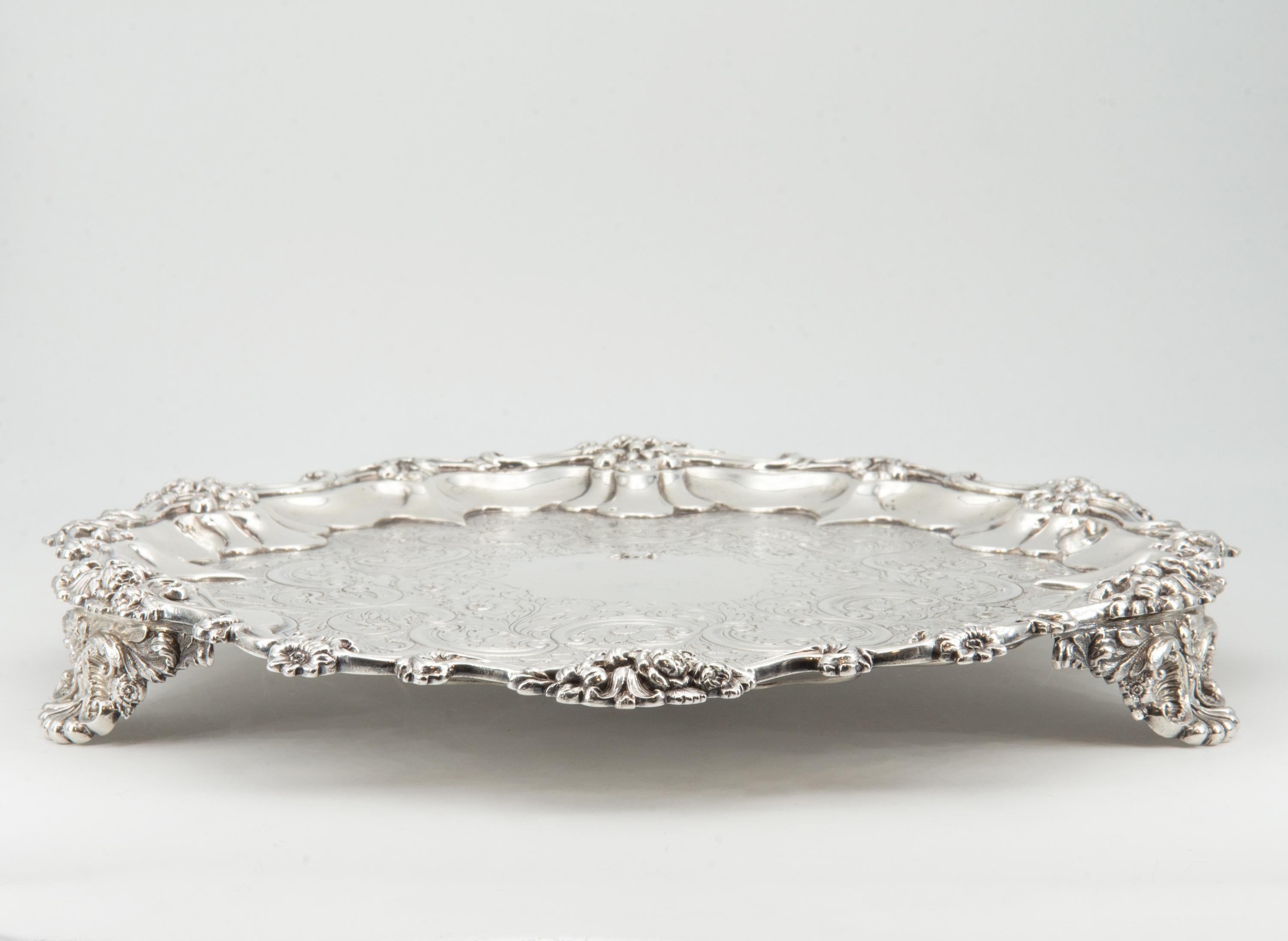 19th Century Antique William IV Sterling Silver Flat-Chased Waiter Tray London 1831 For Sale