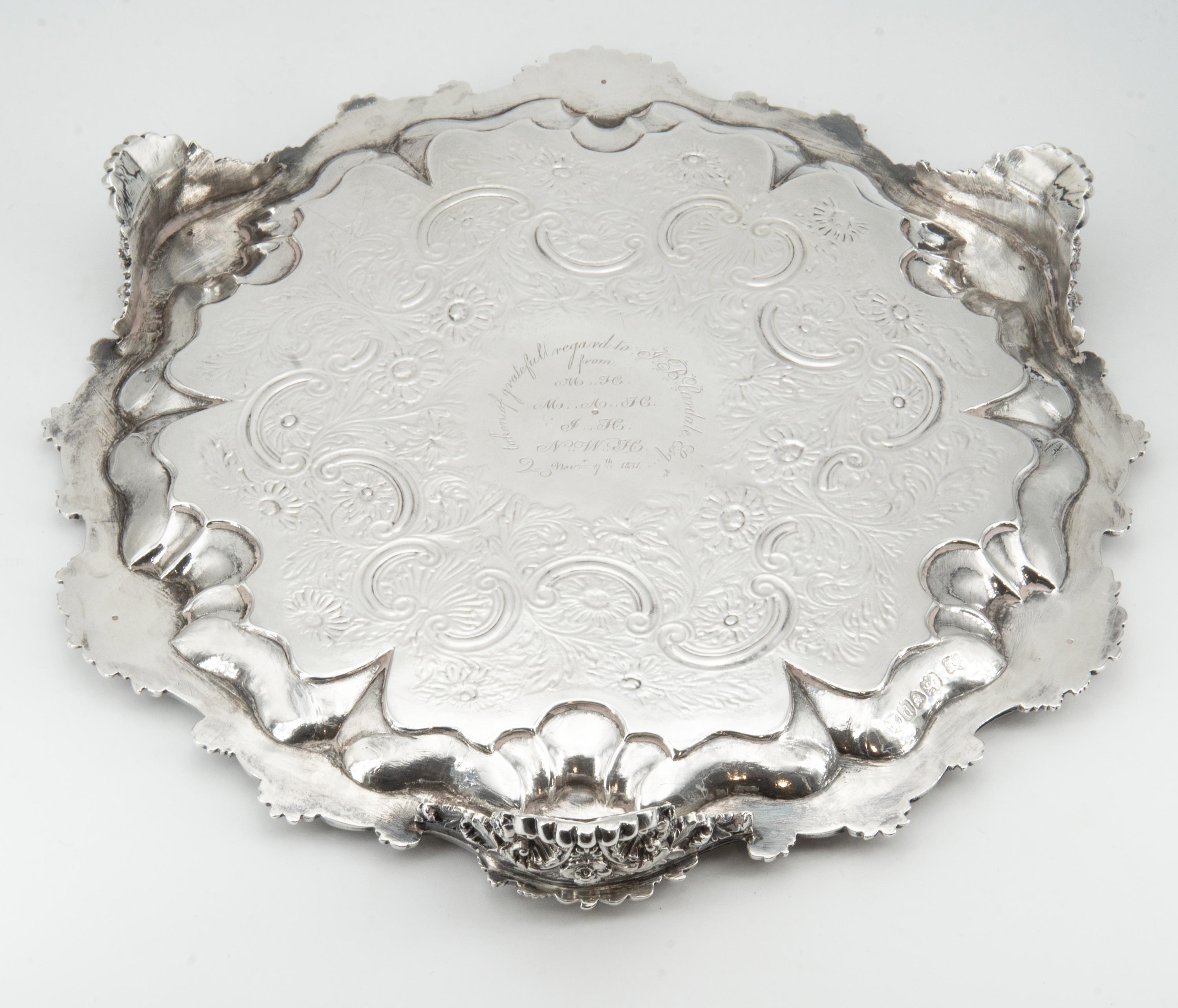 Antique William IV Sterling Silver Flat-Chased Waiter Tray London 1831 For Sale 1