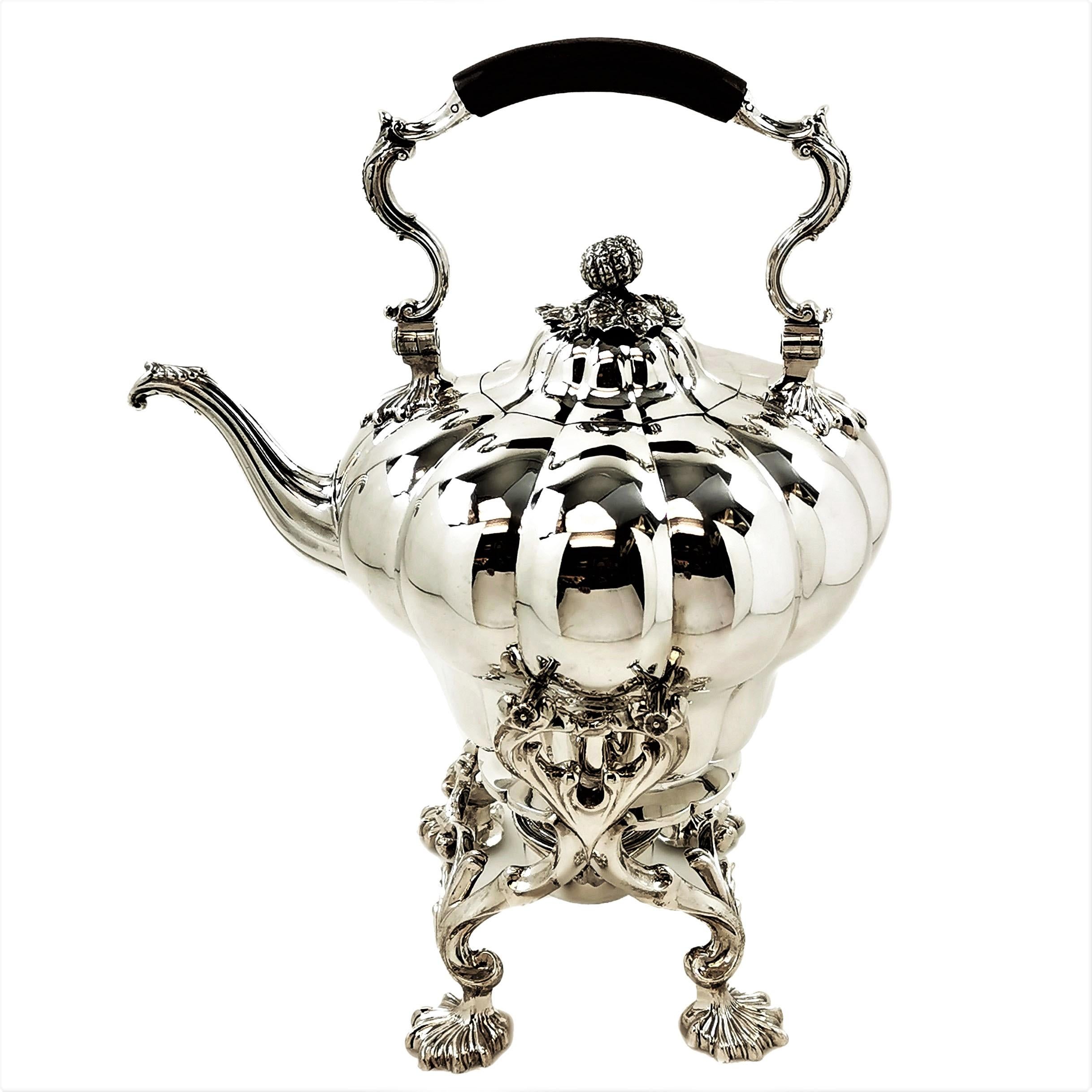 English Large Antique William IV Sterling Silver Kettle on Stand 1836 Melon Pattern