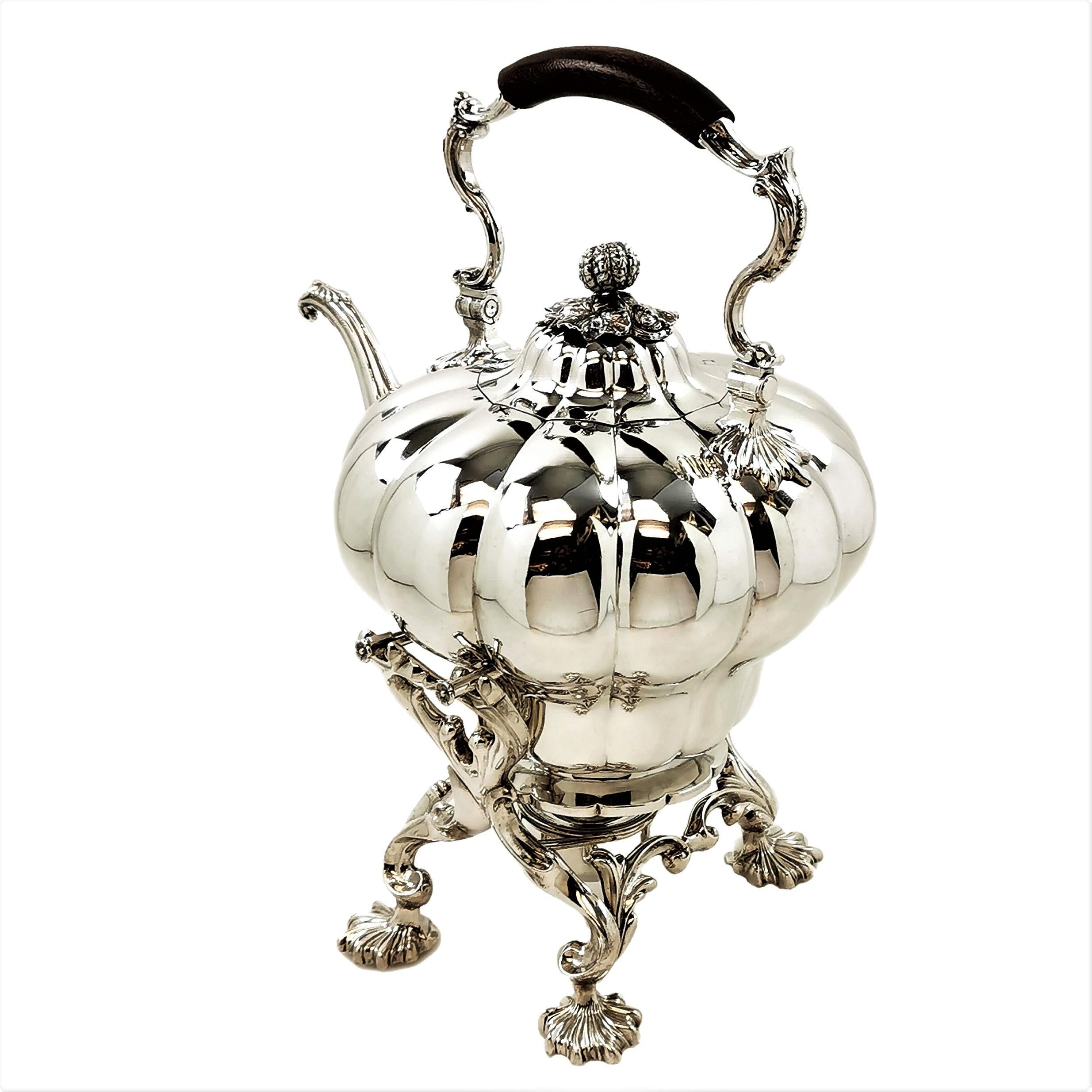 19th Century Large Antique William IV Sterling Silver Kettle on Stand 1836 Melon Pattern