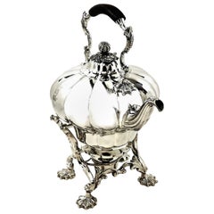 Large Antique William IV Sterling Silver Kettle on Stand 1836 Melon Pattern