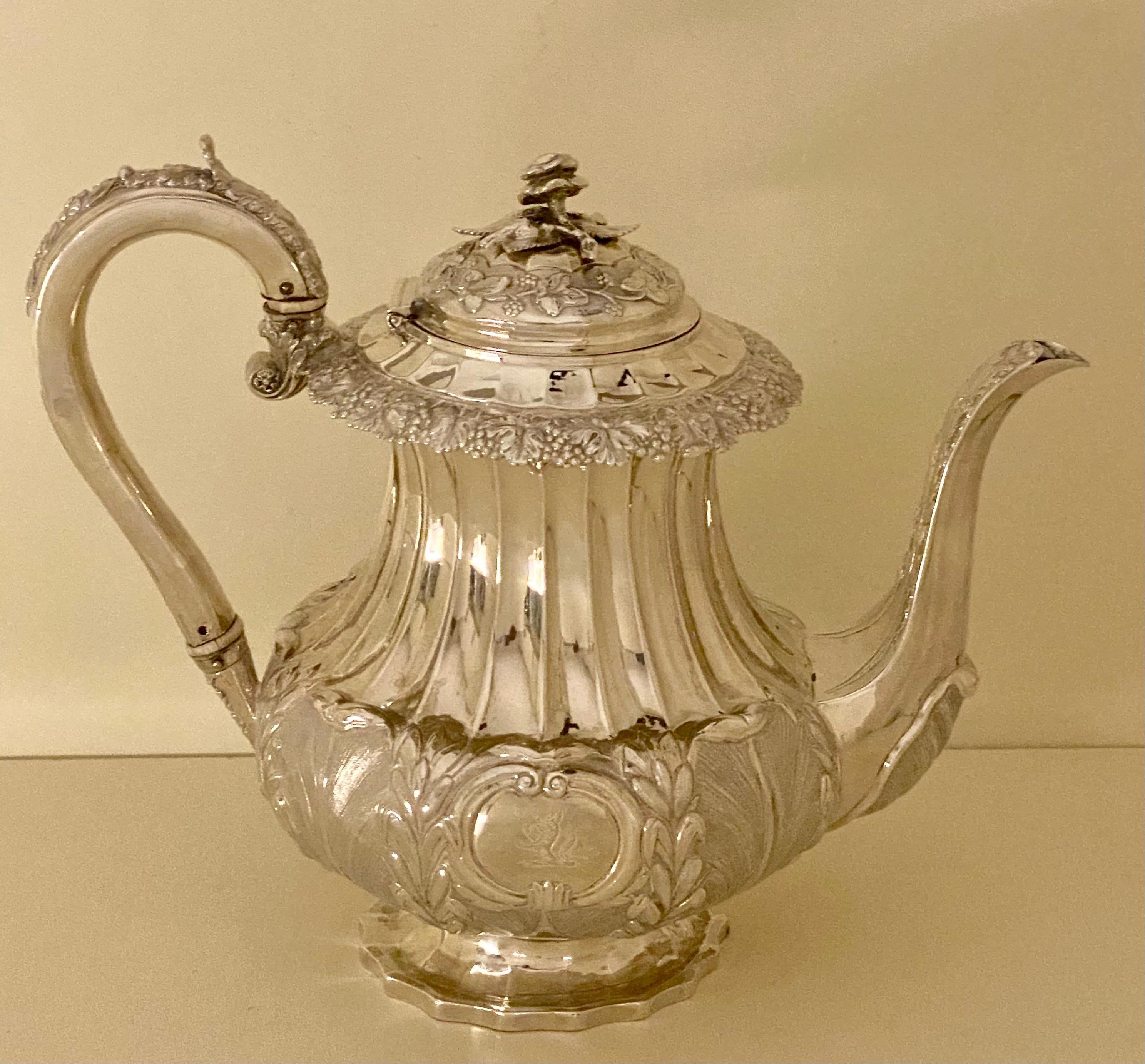 Antique William IV sterling silver teapot in superb condition with Superb quality decoration throughout.
It has a capacity of 3 pints and measures 9.5” (24 cms) tall to the top of the finial x 11 1/2” (29 cms) across from the handle to the end of