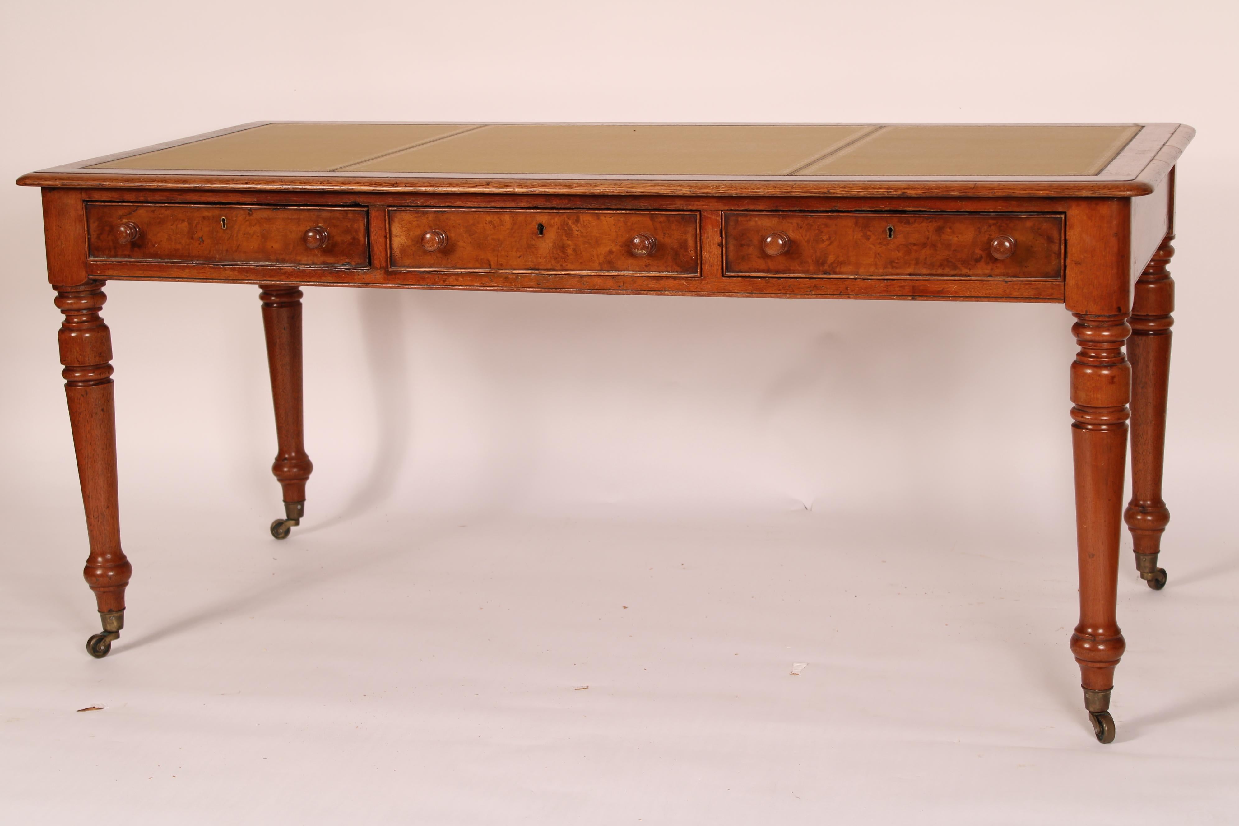 English Antique William IV Style Oak and Pollard Oak Leather Top Writing Table For Sale