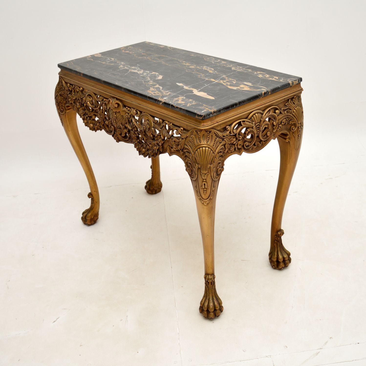 British Antique William Kent Style Marble Top Gilt Wood Side Table For Sale