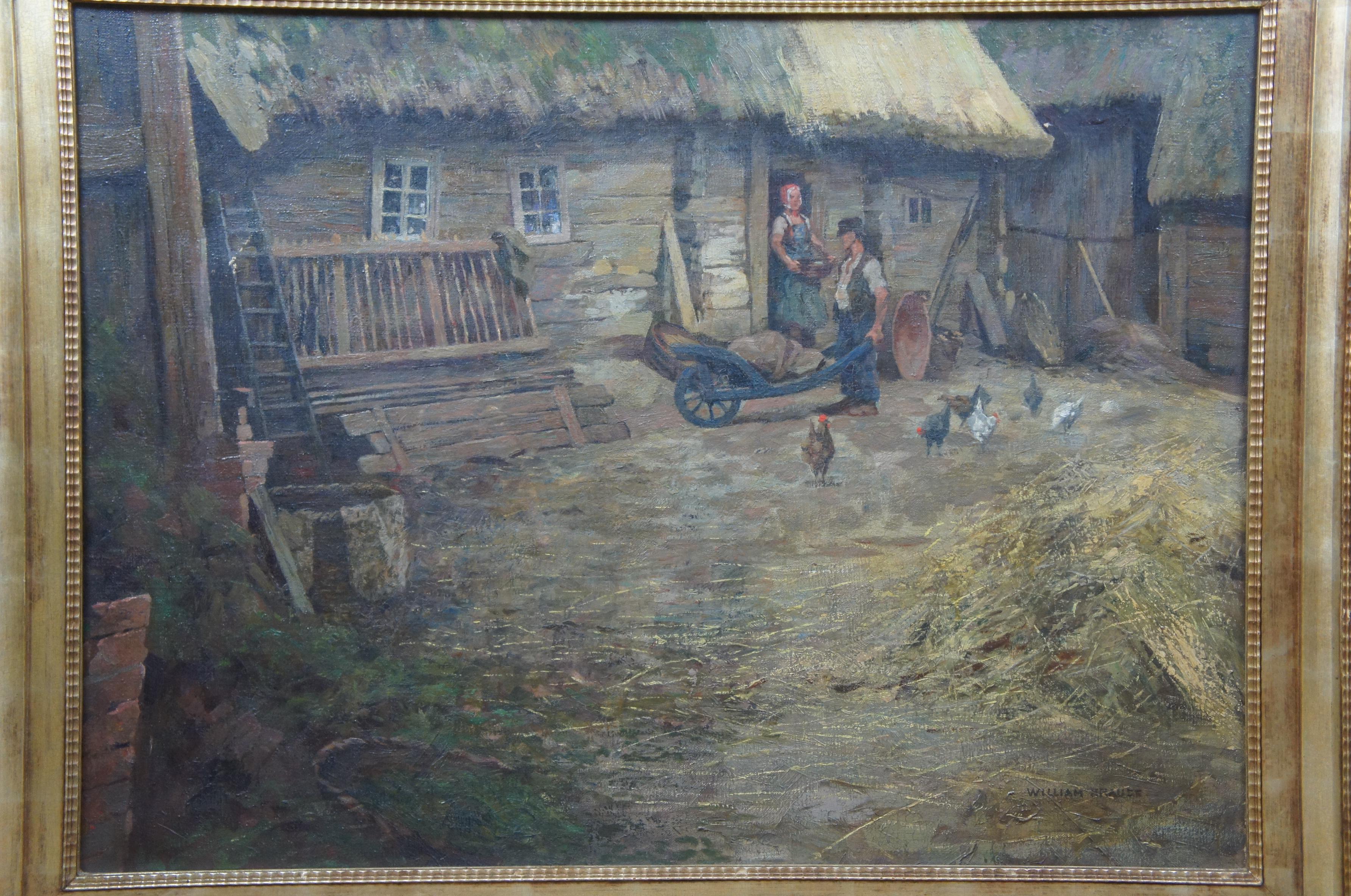 20th Century Antique William Krause German Baurenhof Farm Landscape Oil Painting on Canvas