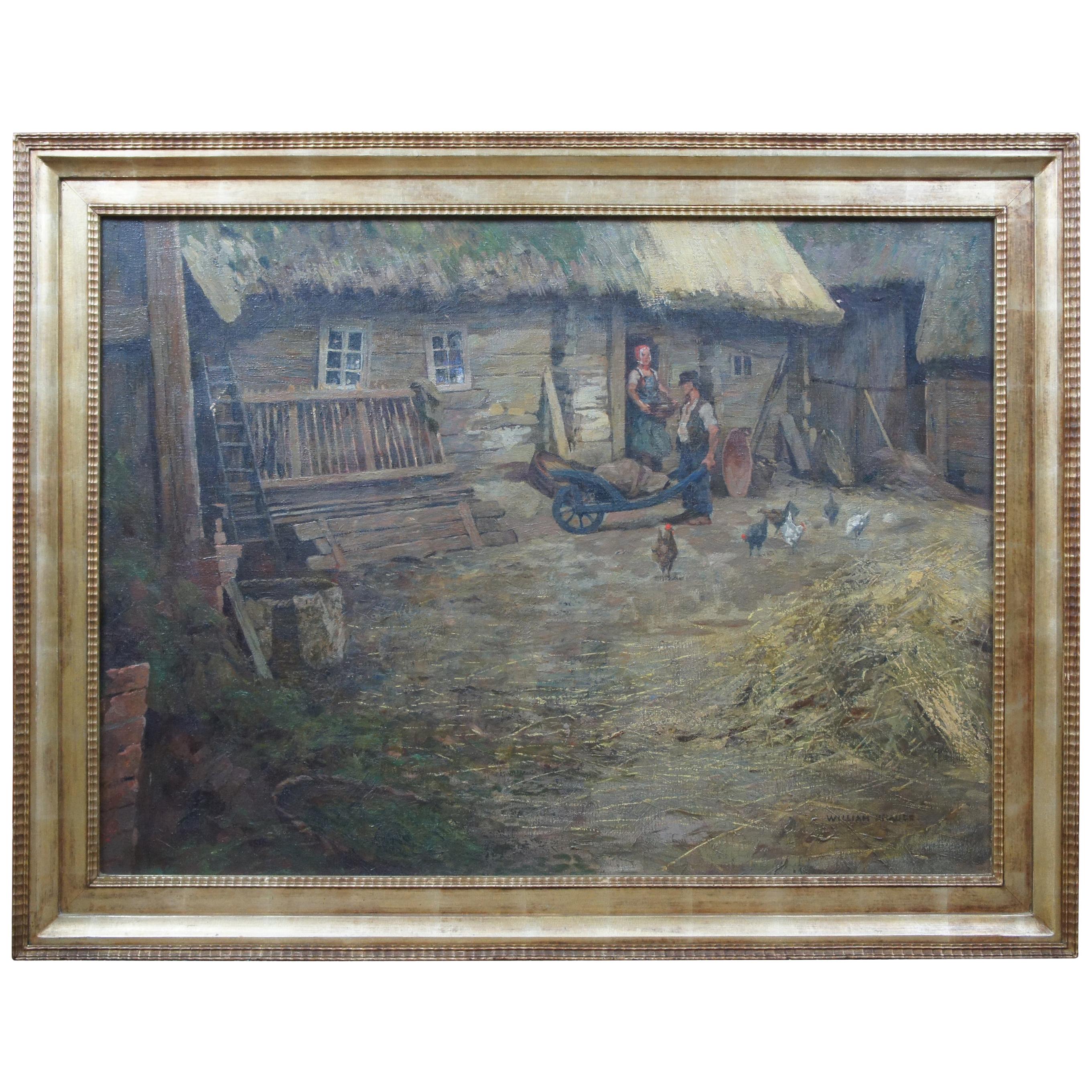 Antique William Krause German Baurenhof Farm Landscape Oil Painting on Canvas