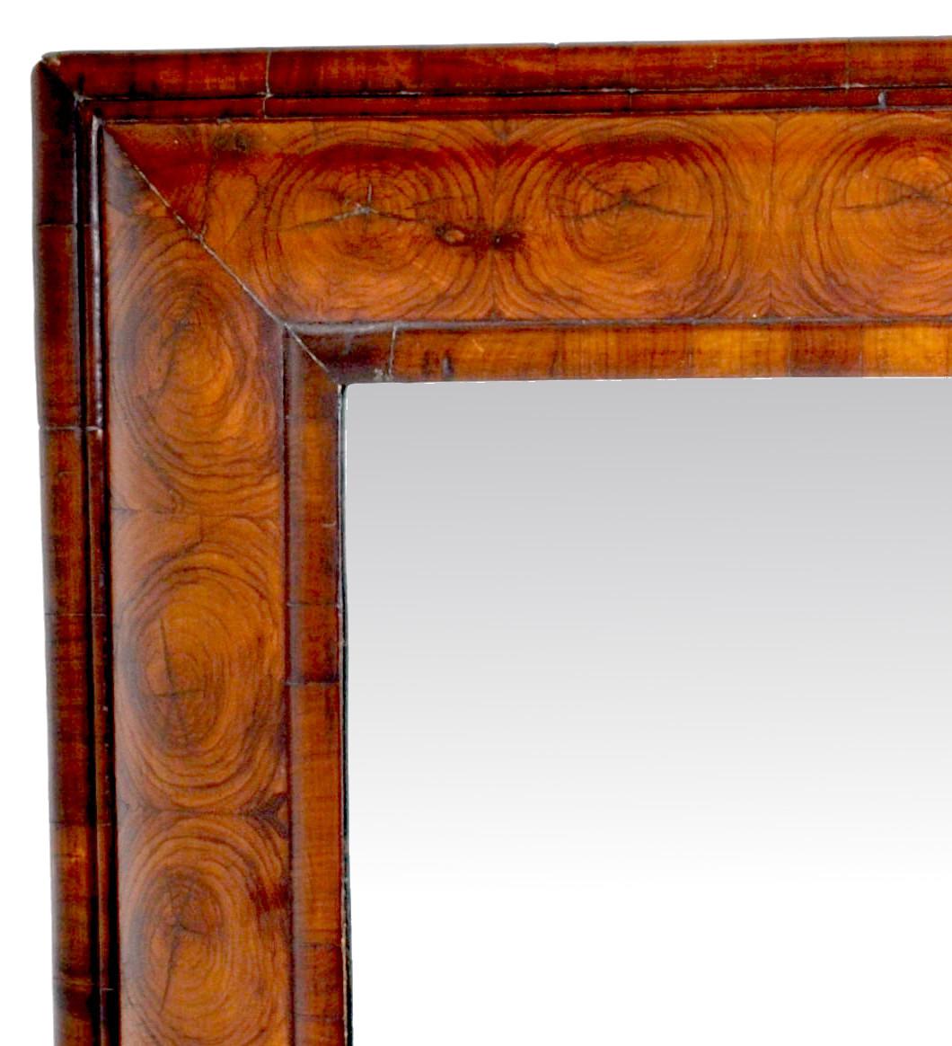 English Antique William & Mary Laburnum Oyster Veneer Cushion-Shaped Mirror, circa 1690