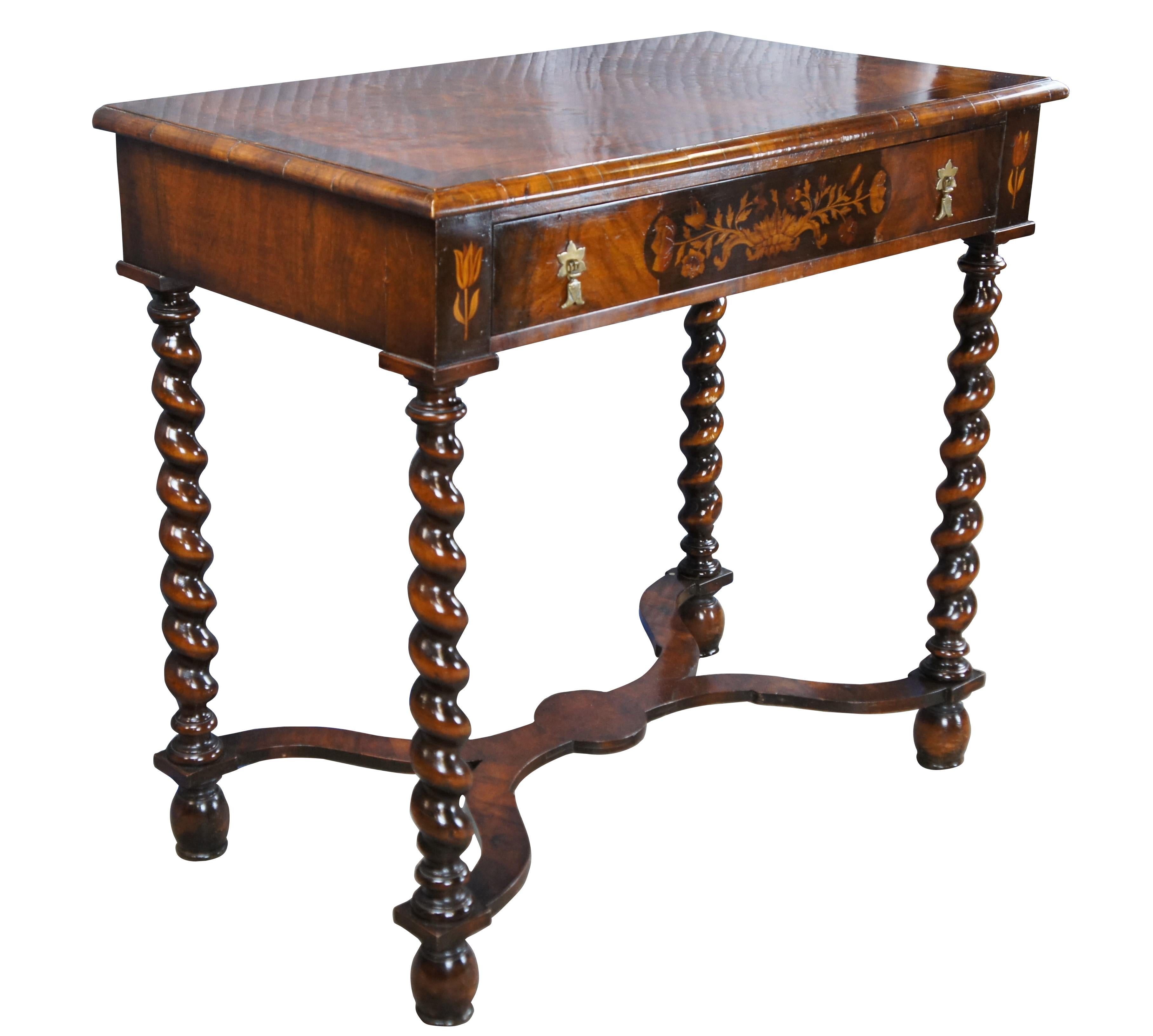 Antique mahogany William & Mary style dressing table / writing desk / console featuring rectangular form with matchbook / burl top over large marquetry inlaid drawer with fruitwood floral rose theme, supported by barley twisted legs connected by