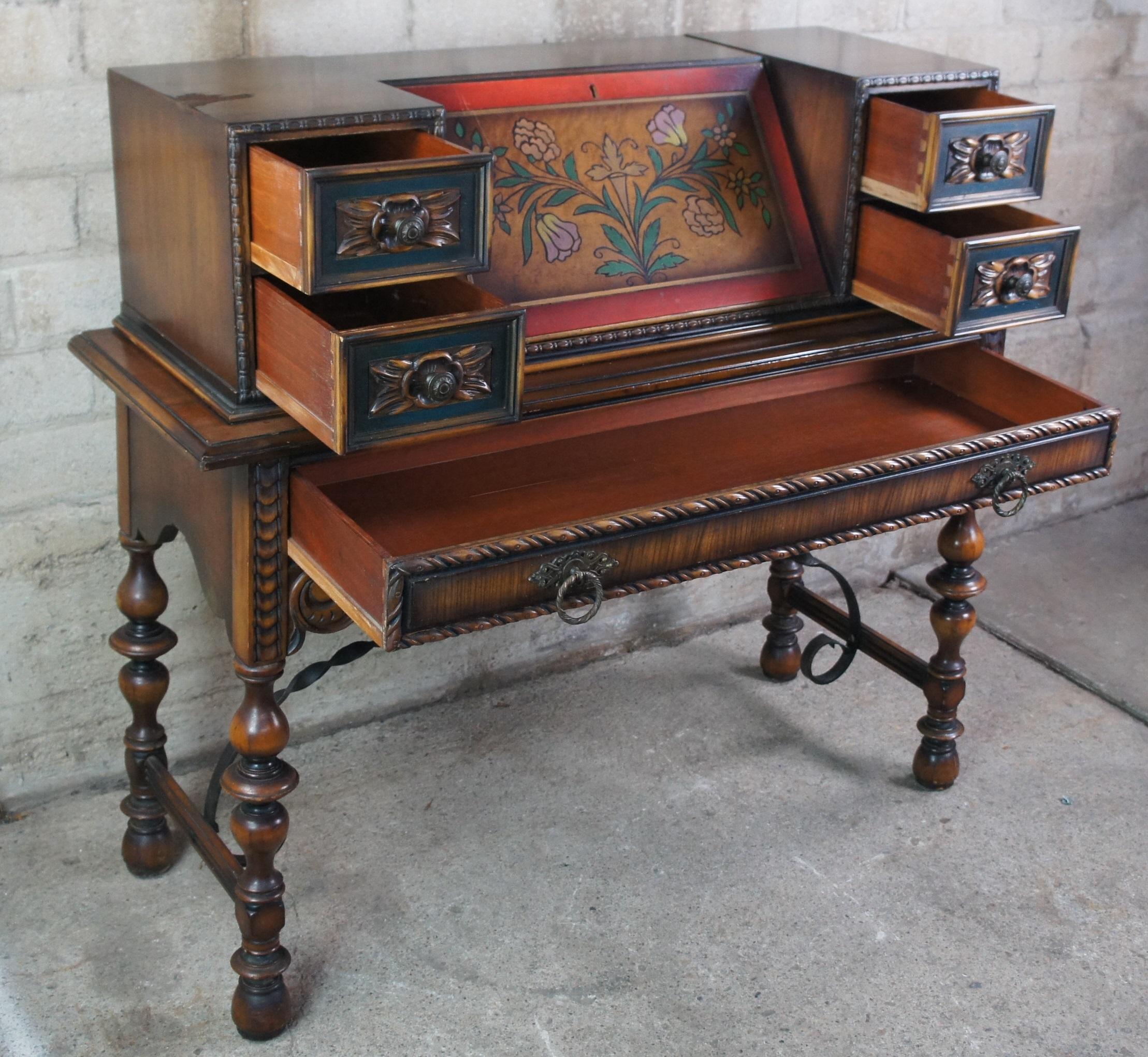 Antique William & Mary Spanish Revival Walnut Painted Secretary Writing Desk 1