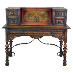 Antique William & Mary Spanish Revival Walnut Painted Secretary Writing Desk