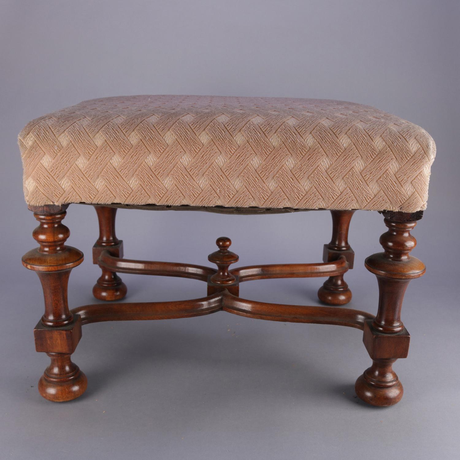 William and Mary Antique William & Mary Style Carved Walnut and Upholstered Footstool, circa 1930