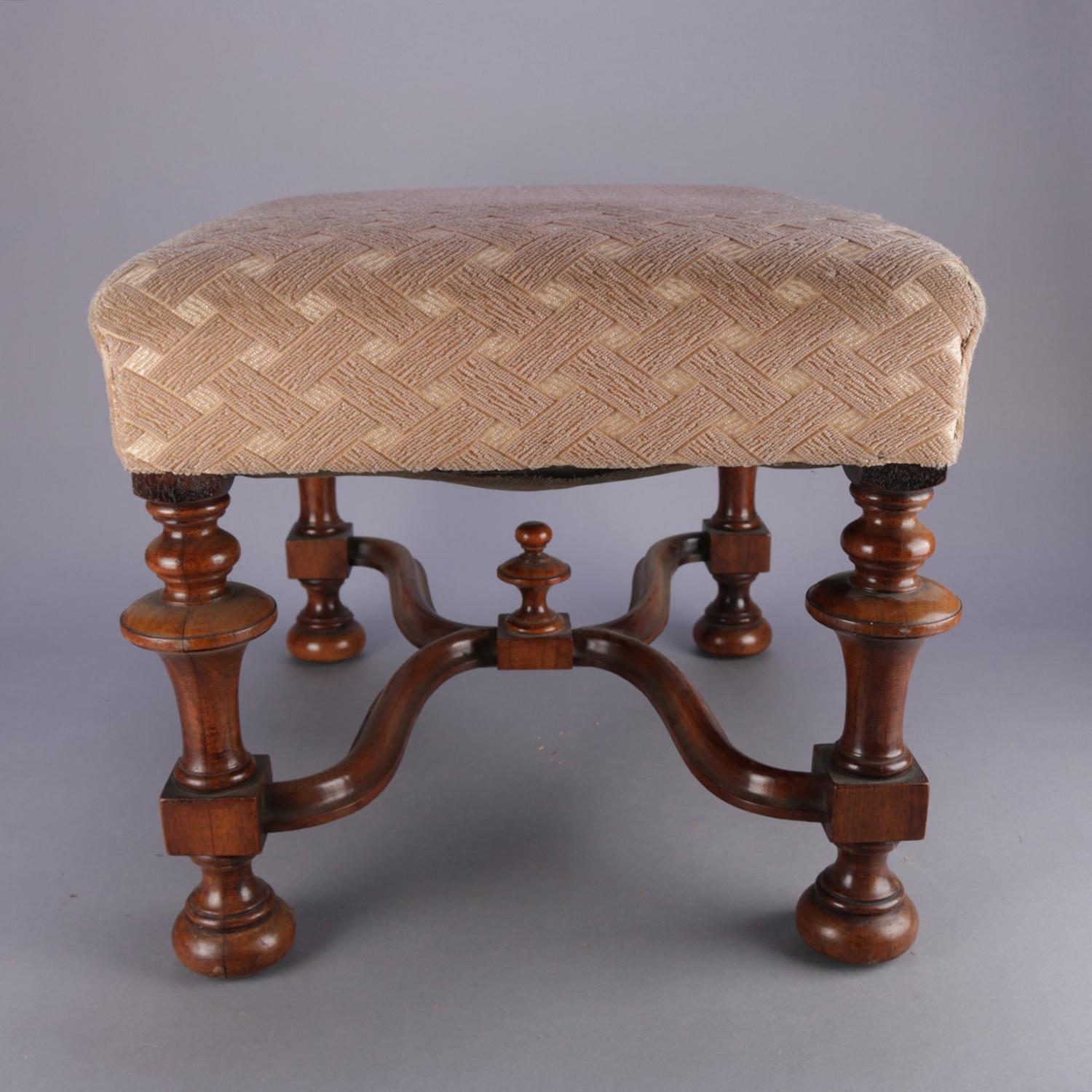 Antique William & Mary Style Carved Walnut and Upholstered Footstool, circa 1930 In Good Condition In Big Flats, NY