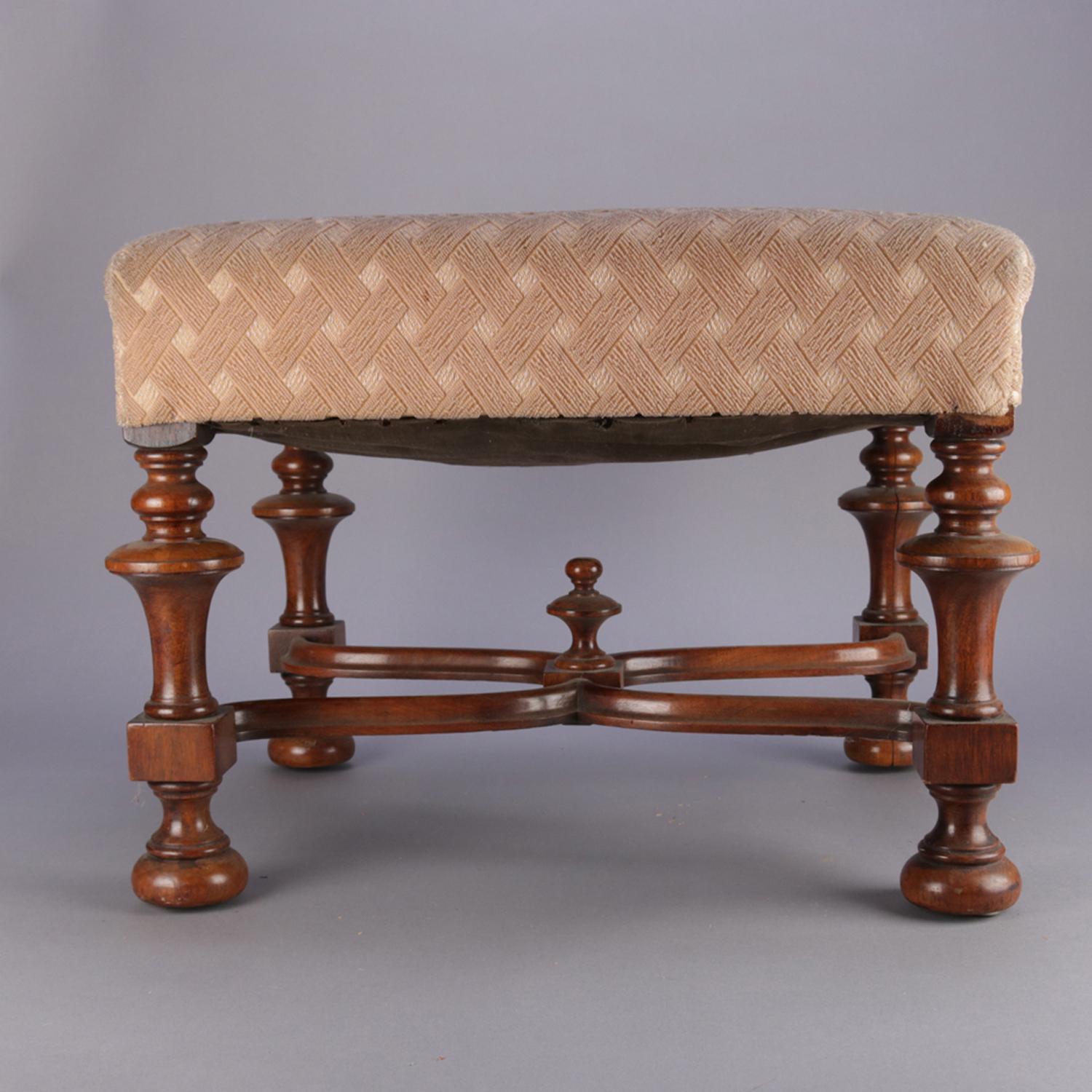 20th Century Antique William & Mary Style Carved Walnut and Upholstered Footstool, circa 1930