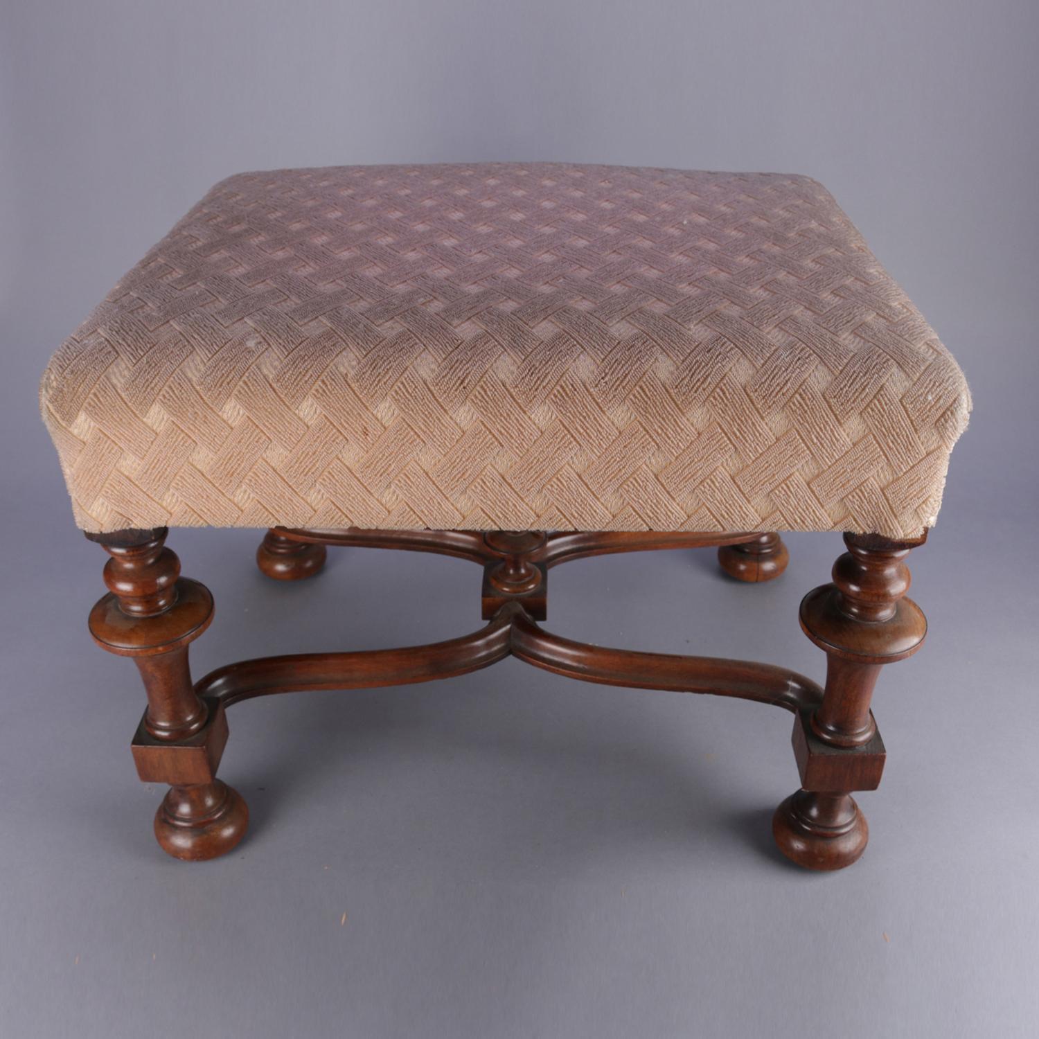 Upholstery Antique William & Mary Style Carved Walnut and Upholstered Footstool, circa 1930