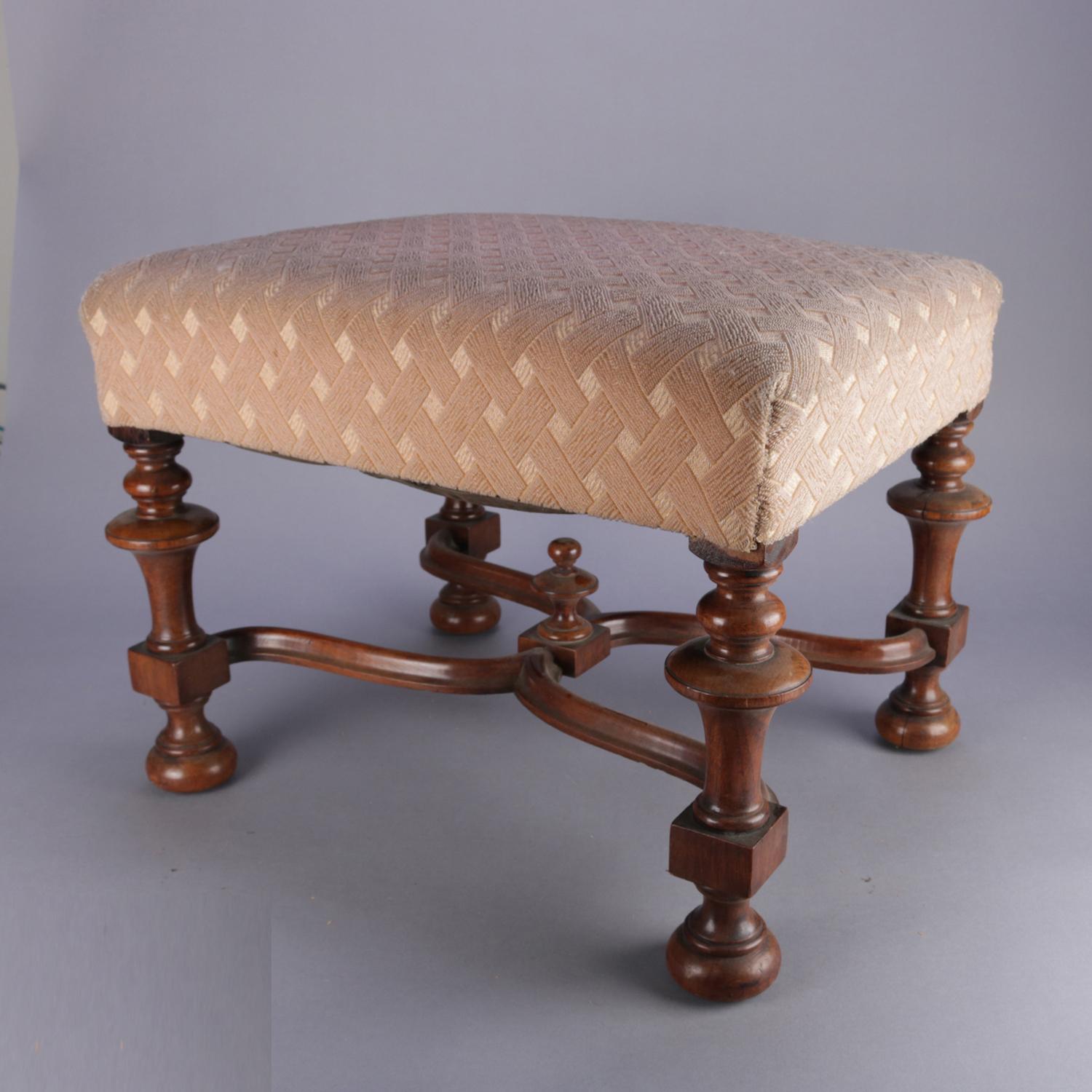 Antique William & Mary Style Carved Walnut and Upholstered Footstool, circa 1930 1