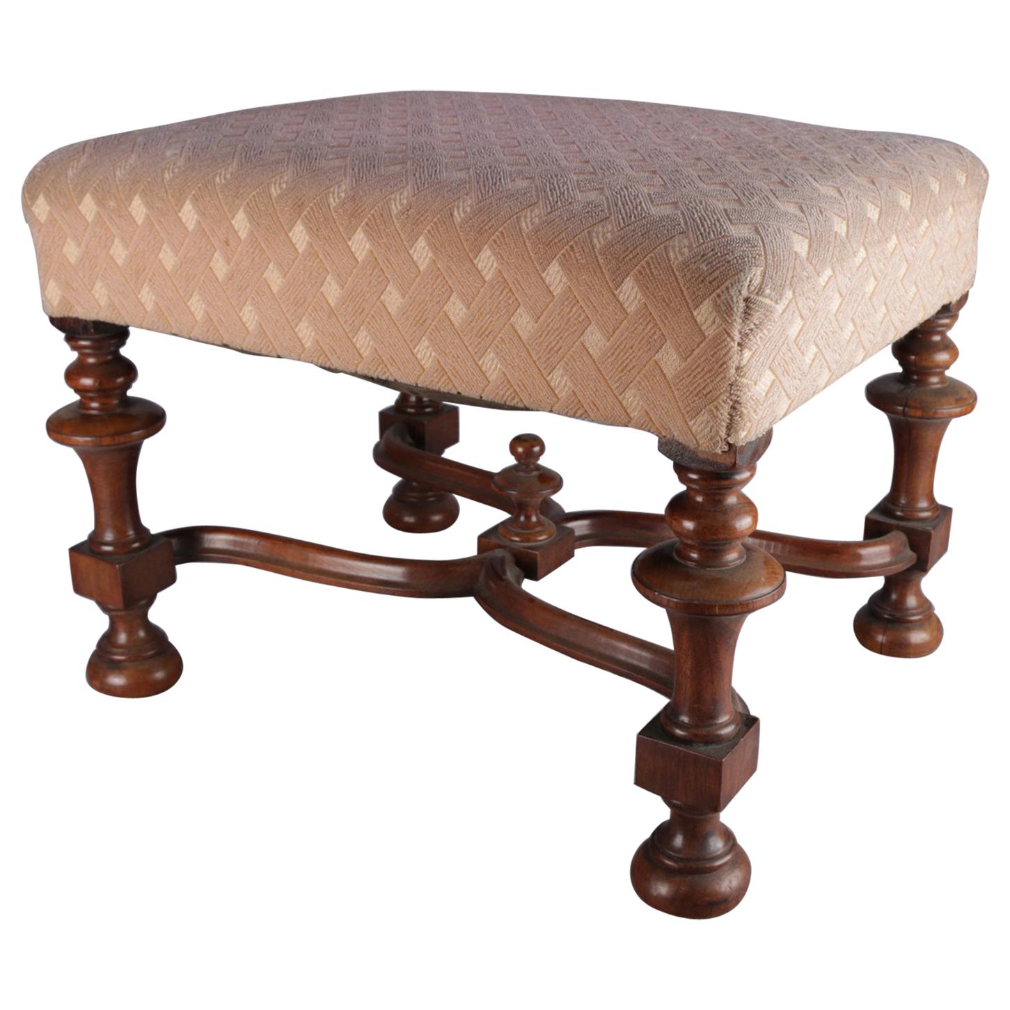 Antique William & Mary Style Carved Walnut and Upholstered Footstool, circa 1930
