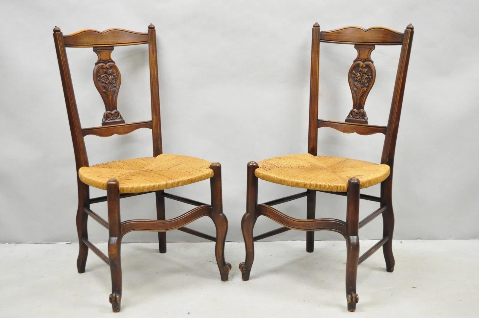 Antique William & Mary Style Carved Walnut Rose Rush Seat Side Chairs - a Pair For Sale 5
