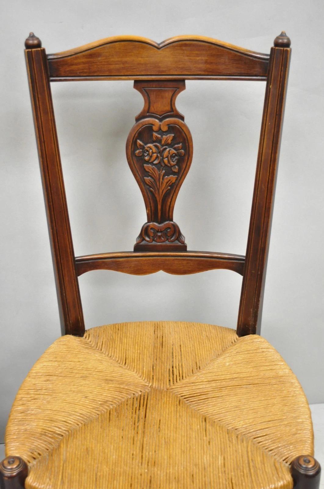 20th Century Antique William & Mary Style Carved Walnut Rose Rush Seat Side Chairs - a Pair For Sale