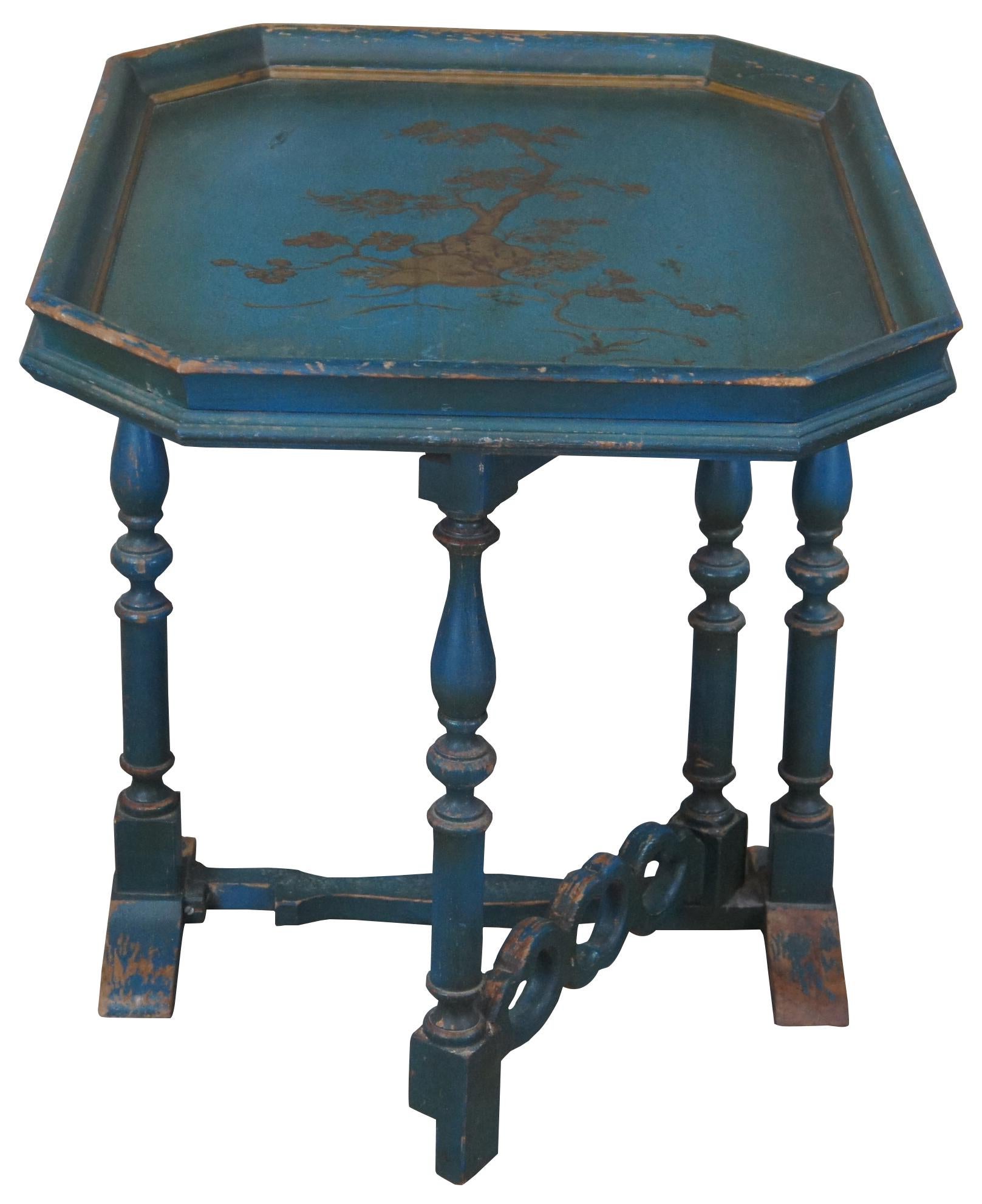 Early 20th century William & Mary style side/ tea table. Features a gateleg design with turned supports and octagonal tray with ogee edge. Finished in a bohemian blue with cherry blossom tree in gold. 

Measures: Closed - 20.5
