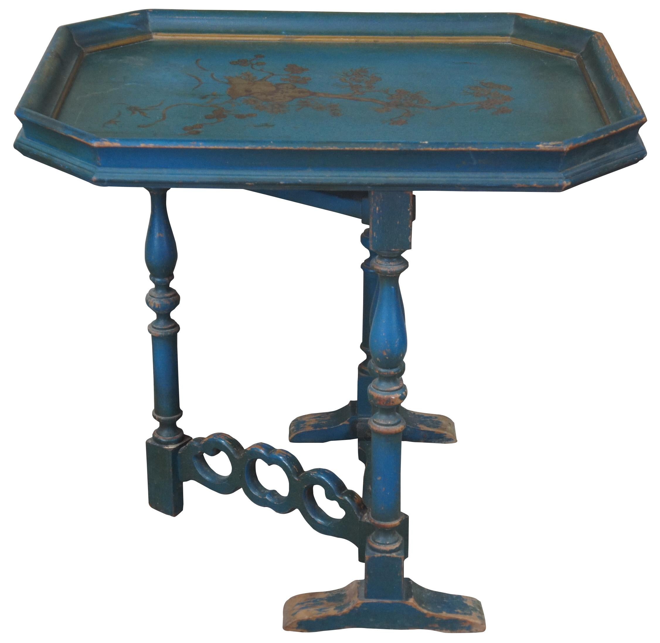 William and Mary Antique William & Mary Style Chinoiserie Blue Gateleg Flip Top Side Tea Table