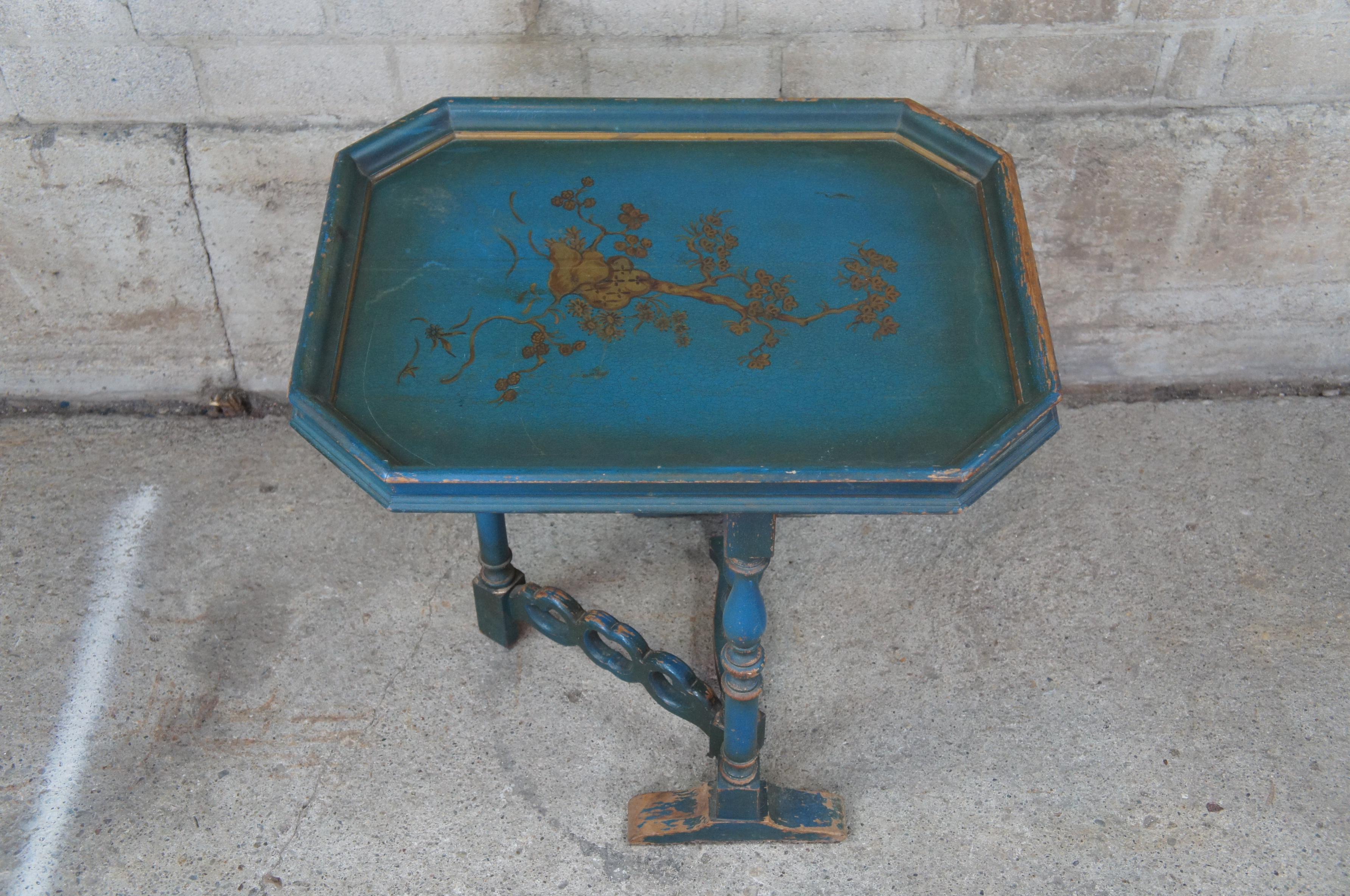 20th Century Antique William & Mary Style Chinoiserie Blue Gateleg Flip Top Side Tea Table