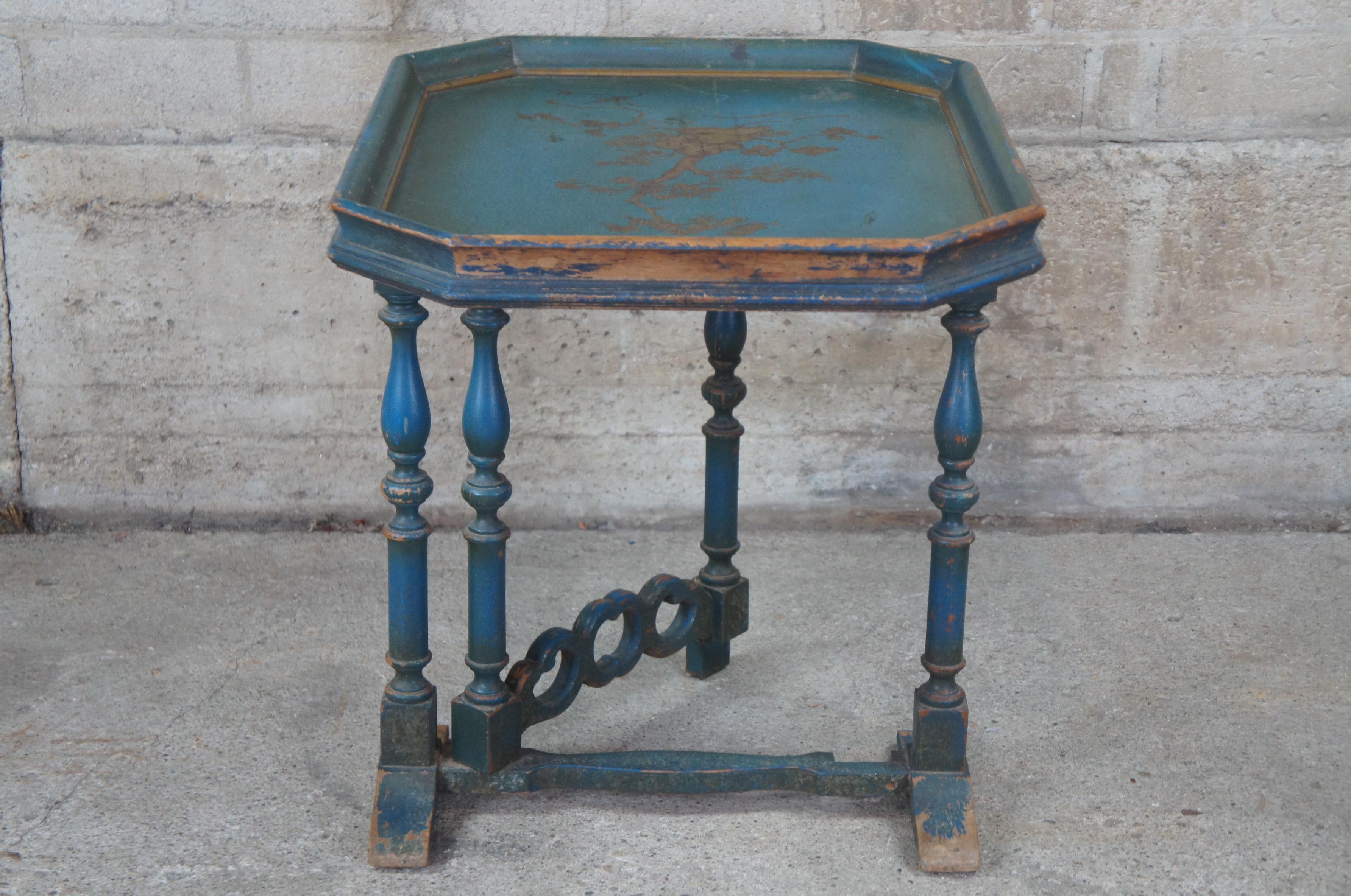 Hardwood Antique William & Mary Style Chinoiserie Blue Gateleg Flip Top Side Tea Table