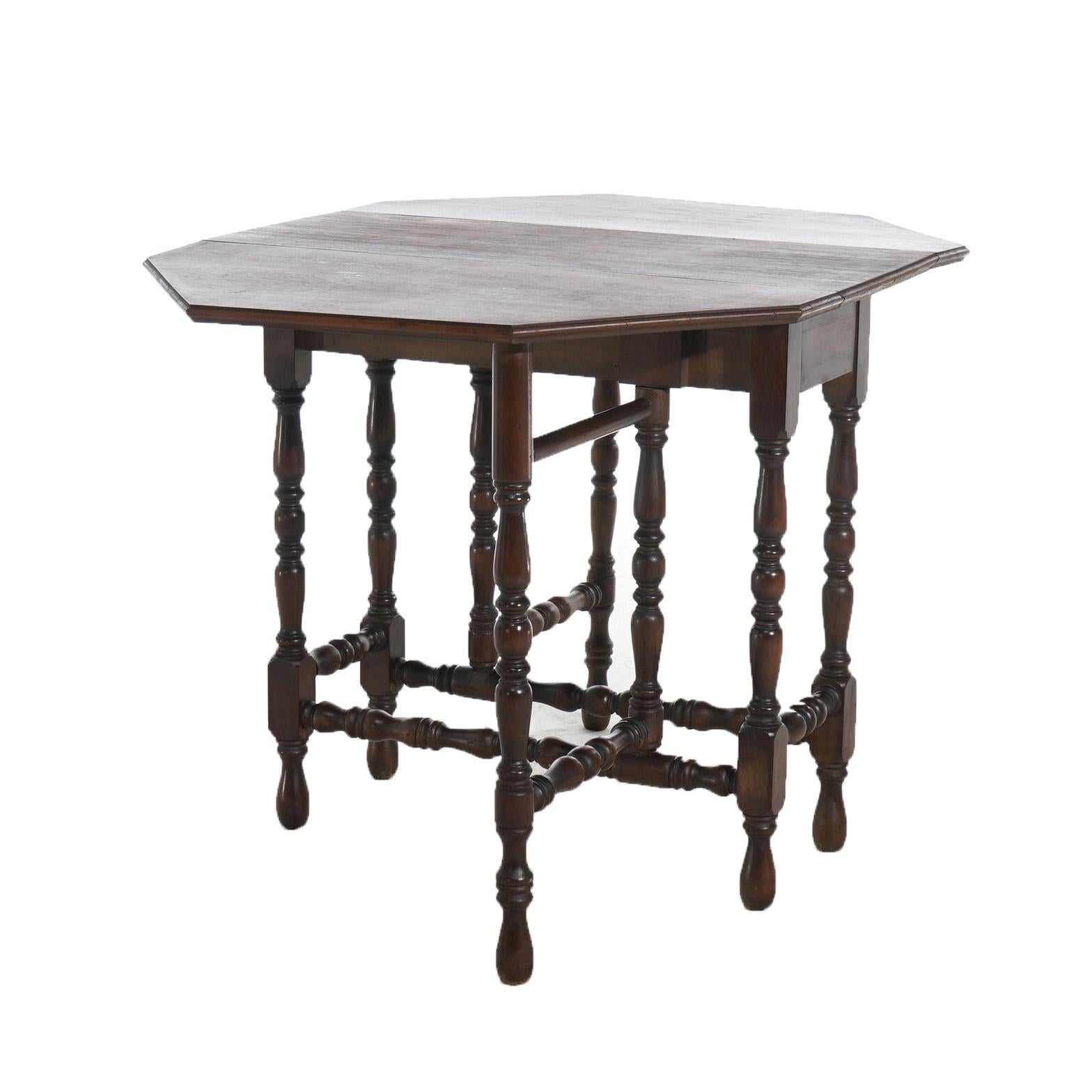 Antique William & Mary Style Octagonal Walnut Drop Leaf Table c1920 In Good Condition In Big Flats, NY