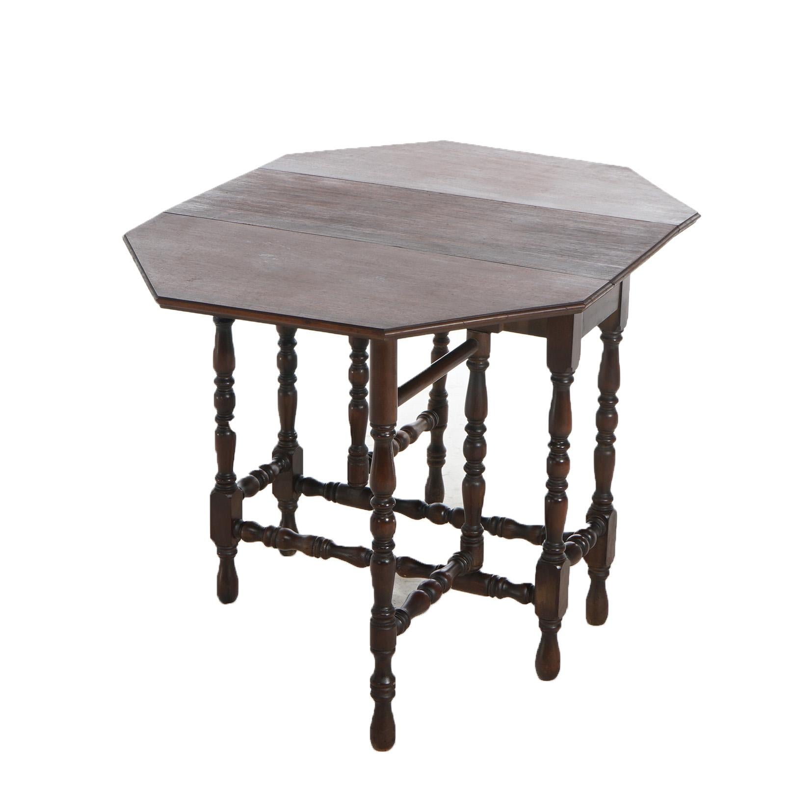 20th Century Antique William & Mary Style Octagonal Walnut Drop Leaf Table c1920