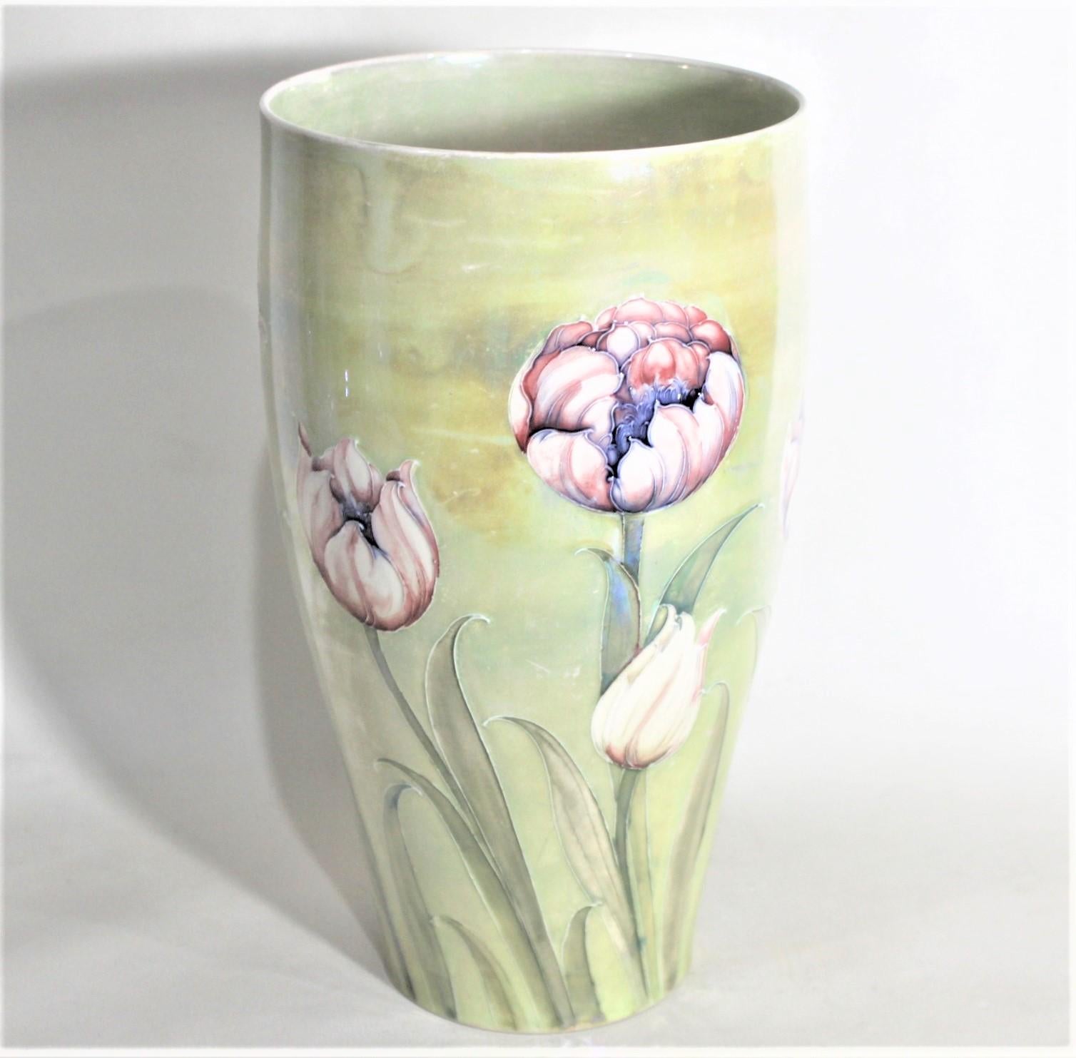 Hand-Crafted Antique William Moorcroft Art Pottery Tulip Patterned Vase with Lustre Glaze For Sale