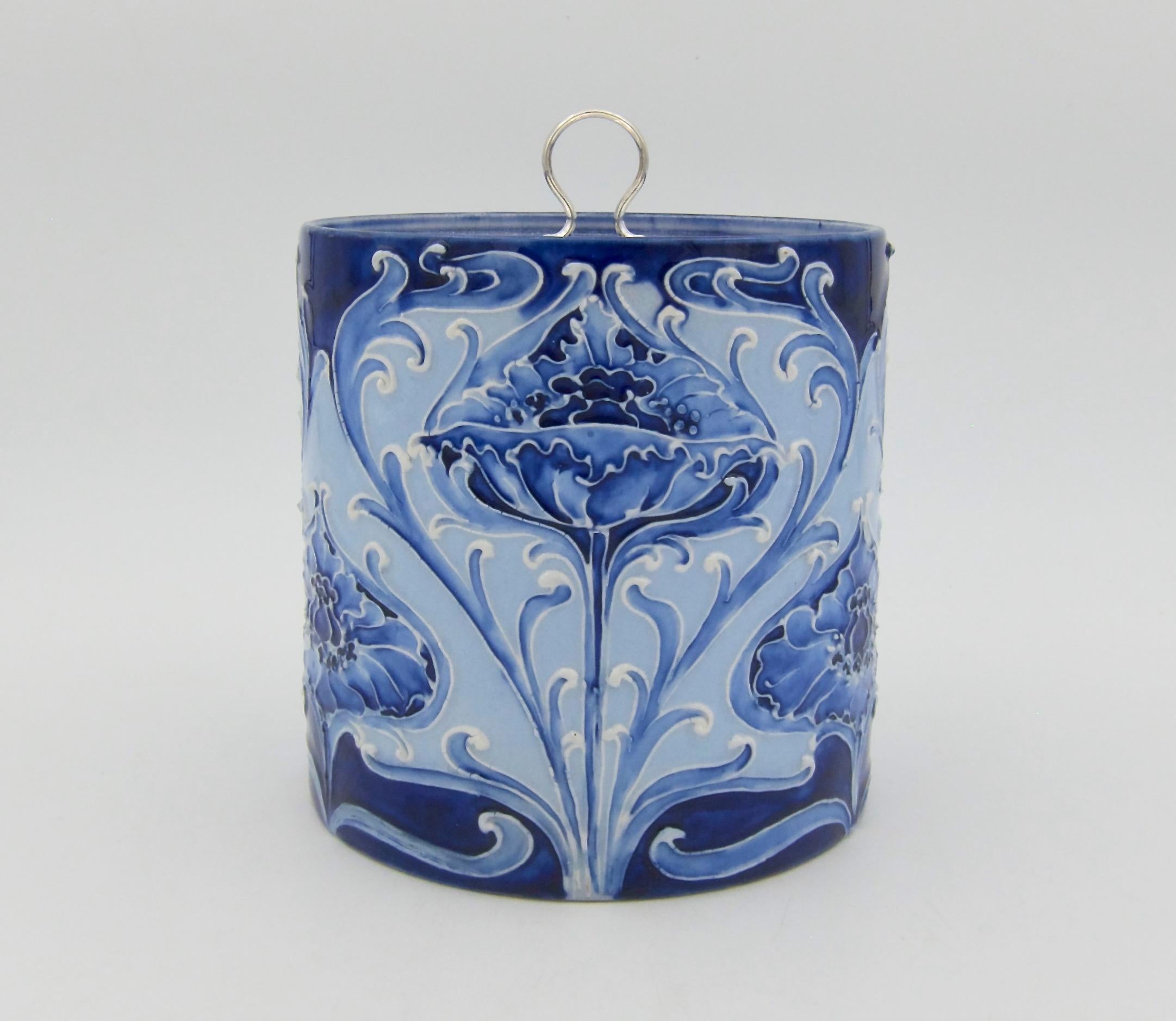 Art Nouveau Antique William Moorcroft for Macintyre Blue Florian Ware Biscuit Barrel
