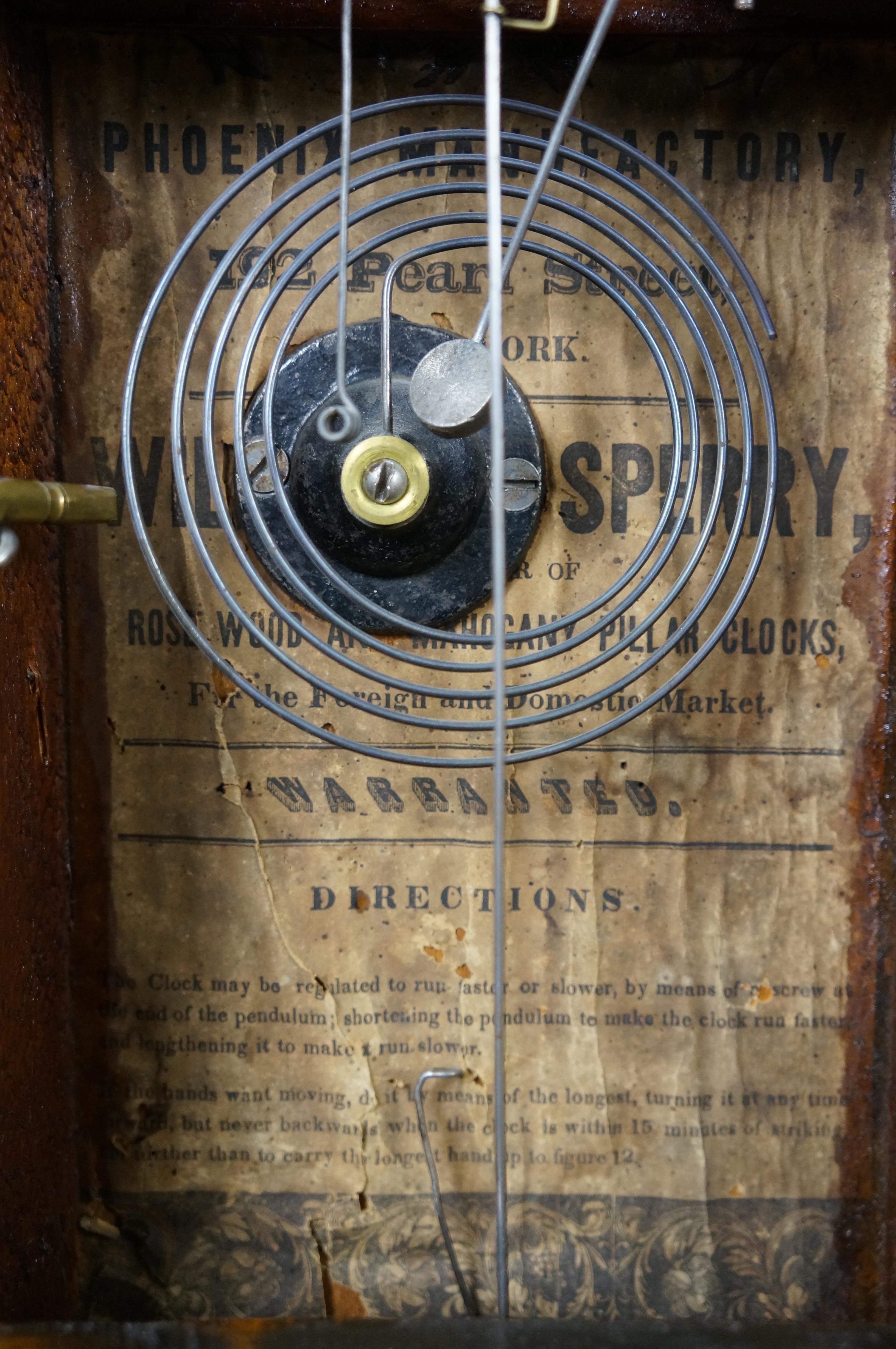 Antique William S. Sperry American Empire Mahogany 8 Day Column Mantel Clock 27