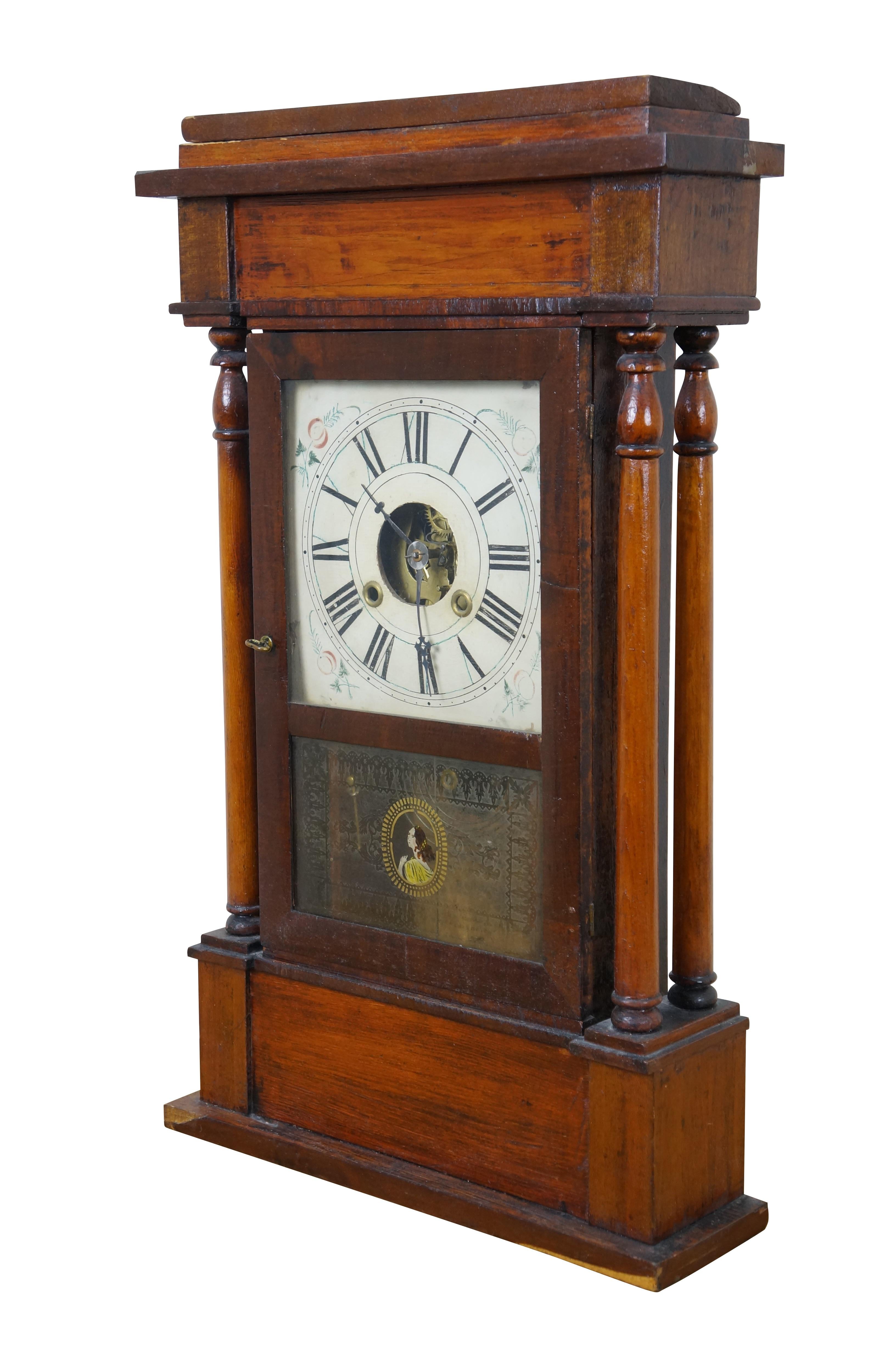 Early 19th century / Circa 1840's weight driven, chiming mantel or shelf clock by William S. Sperry of the Phoenix Manufactory - 192 Pearl Street, New York. Rectangular mahogany case sporting four neoclassical columns and simple pediment. Glass