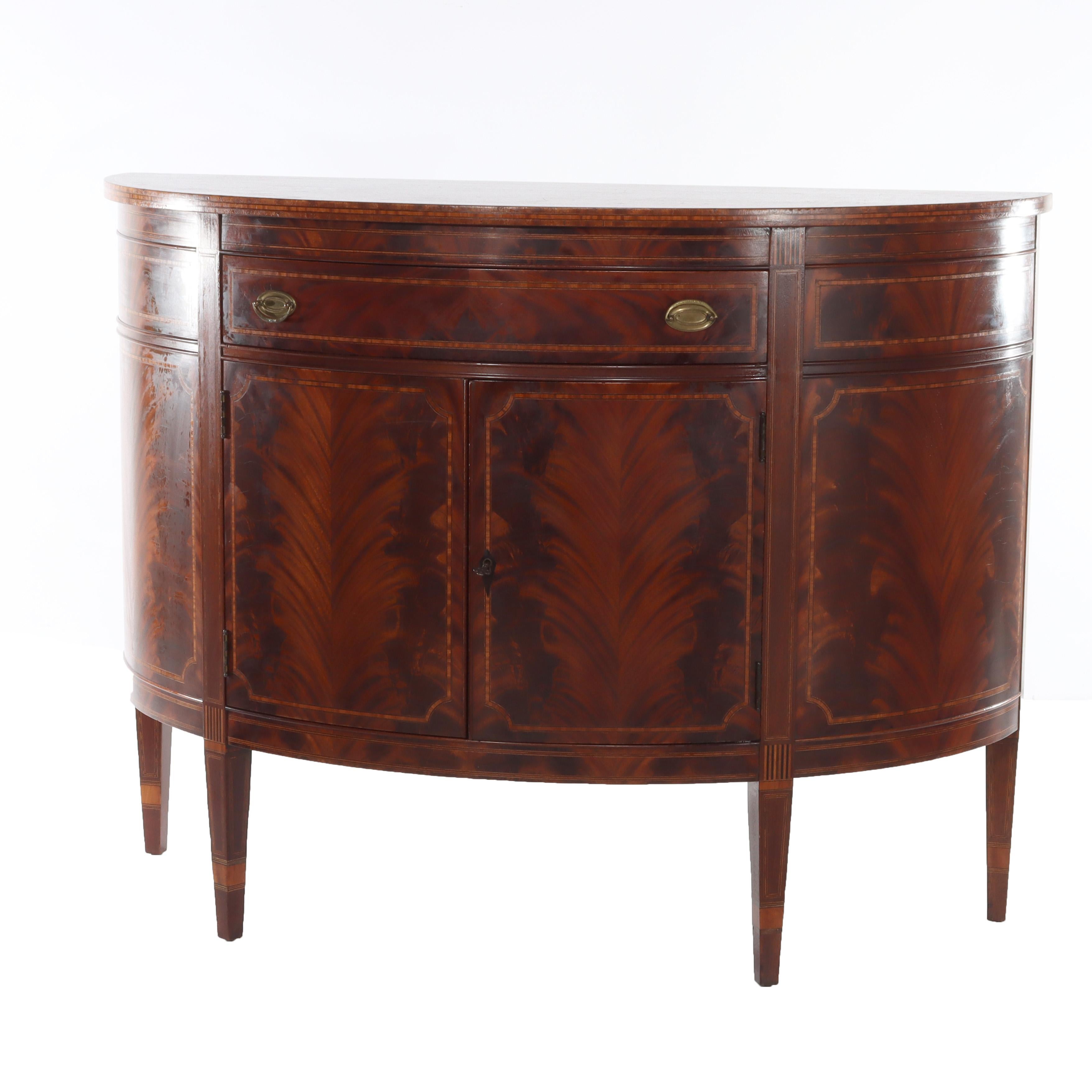 Antique Williams-Kimp Hepplewhite Style Flame Mahogany & Inlaid Demilune Server For Sale 12