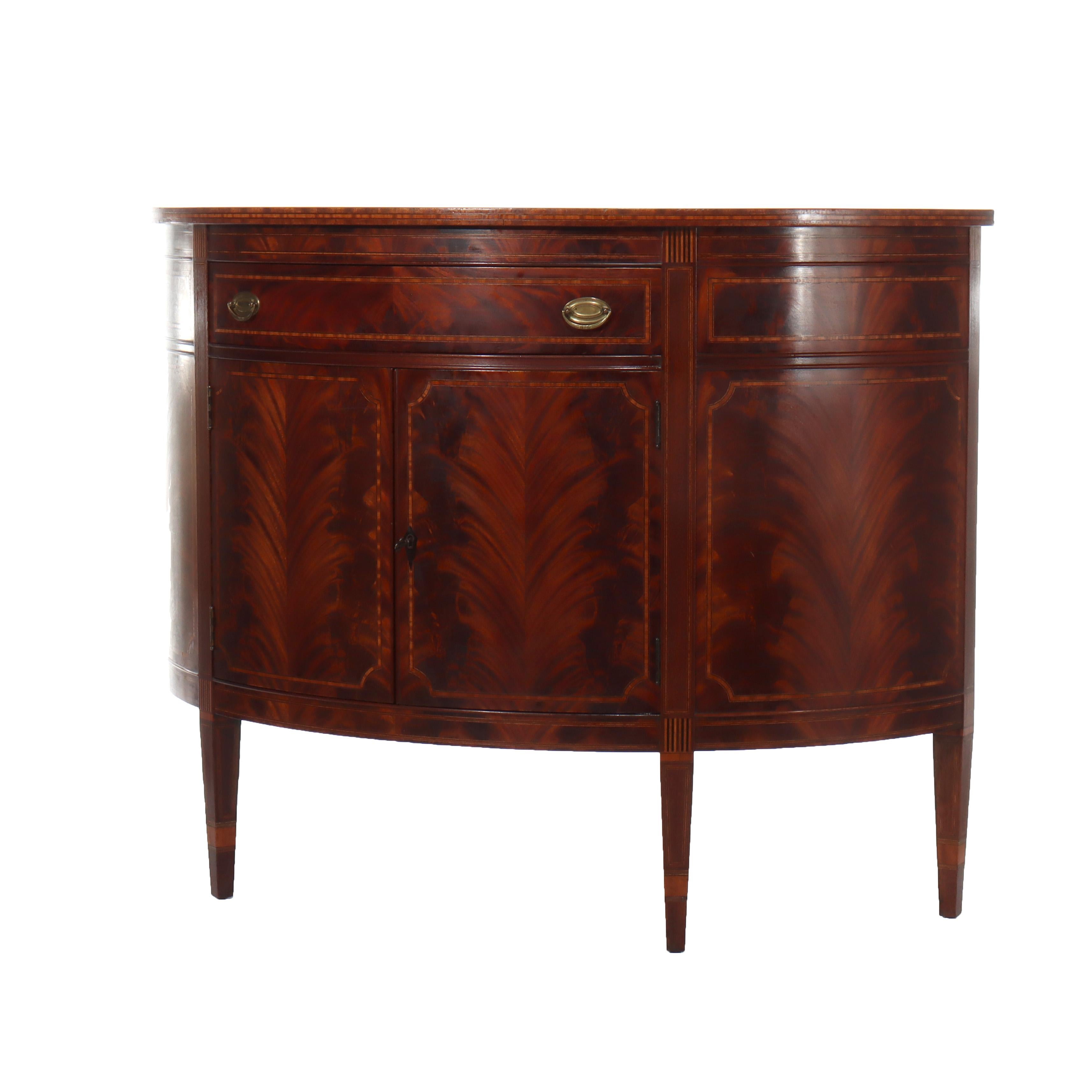 ***Reduced In-House Delivery Rates - Click on “Ask Seller” to Request a Quote***
Antique Williams-Kimp Hepplewhite Style Flame Mahogany & Inlaid Demilune Server  C1930

Measures - 35