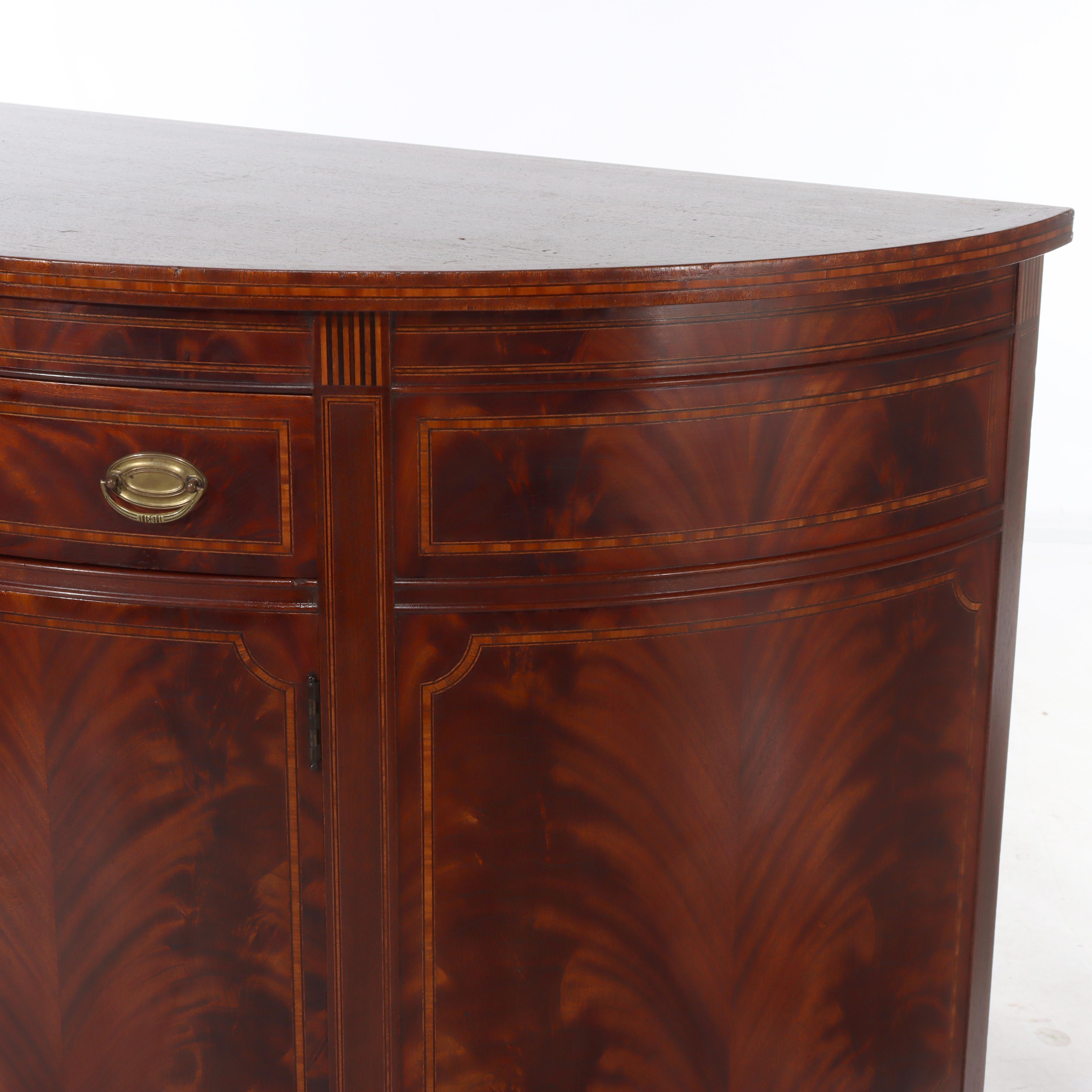 Antique Williams-Kimp Hepplewhite Style Flame Mahogany & Inlaid Demilune Server For Sale 1