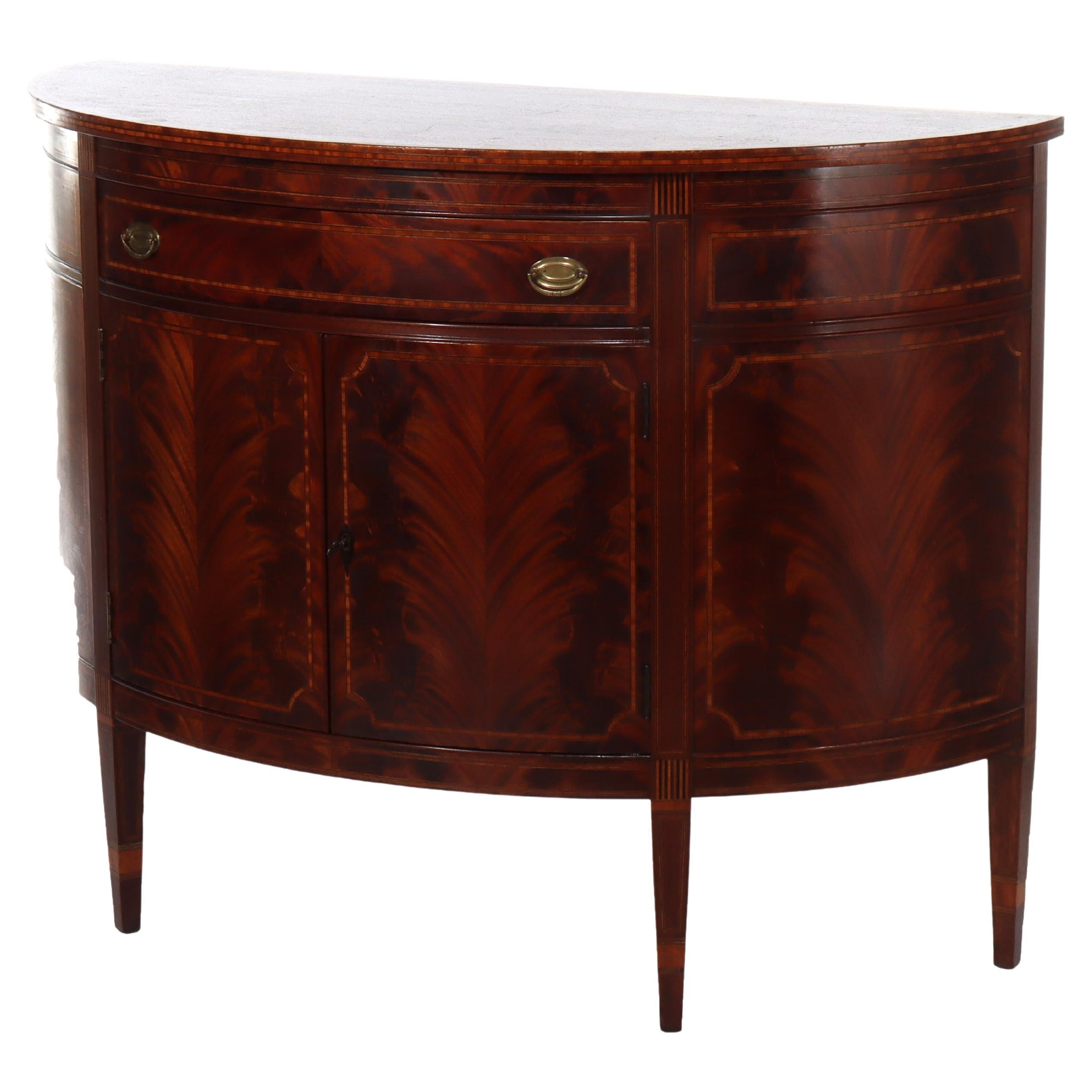 Antique Williams-Kimp Hepplewhite Style Flame Mahogany 
Inlaid Demilune Server For Sale