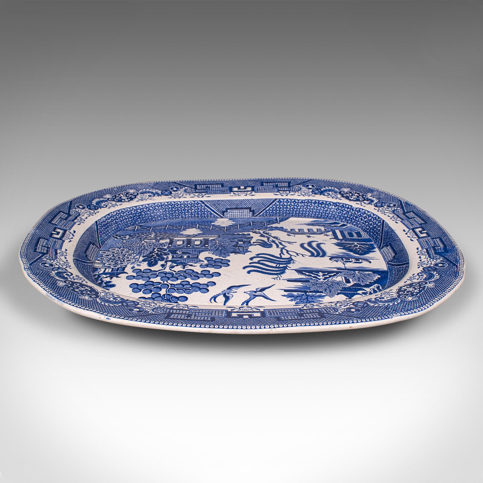 British Antique Willow Pattern Serving Plate, English, Ceramic, Meat Dish, Victorian For Sale