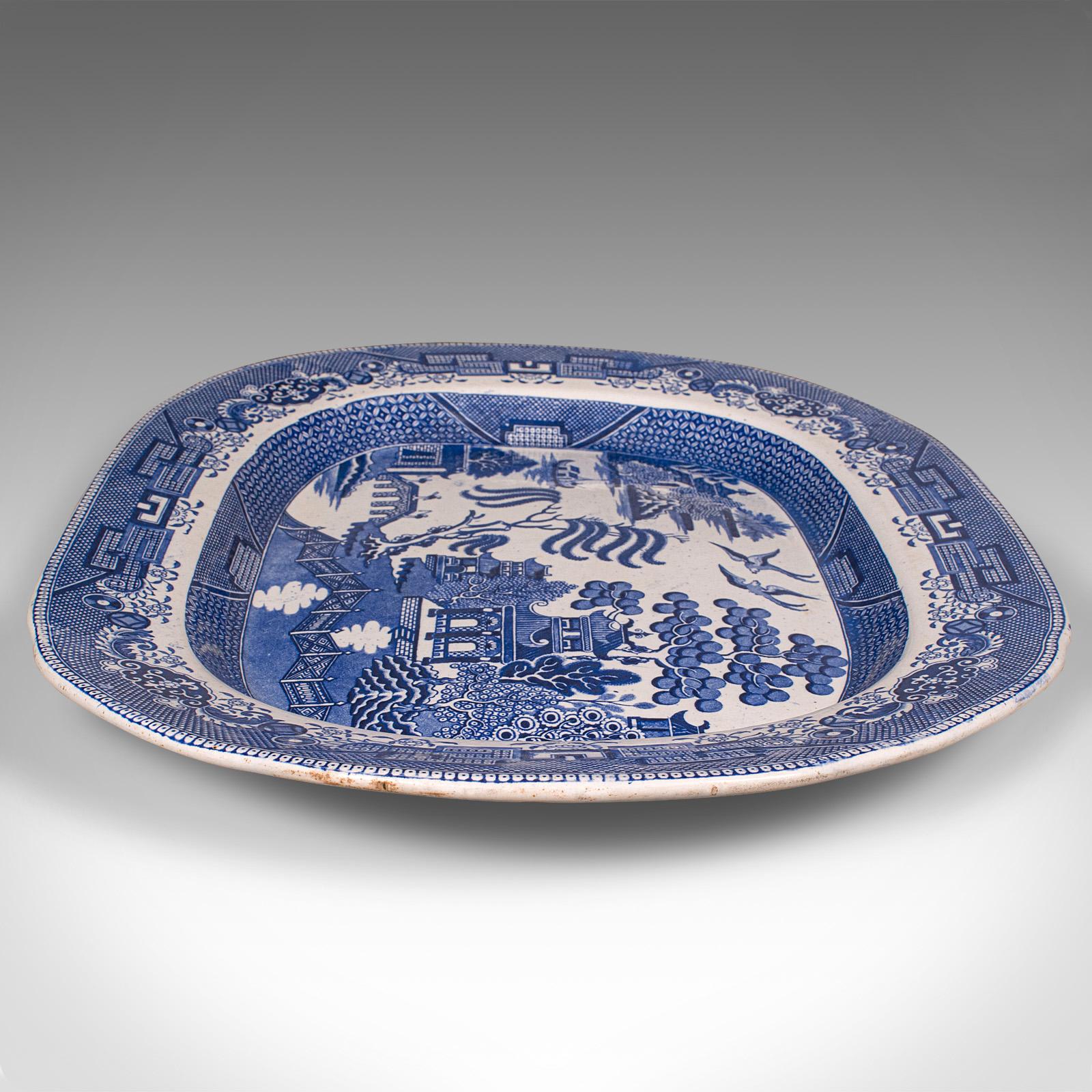 19th Century Antique Willow Pattern Serving Plate, English, Ceramic, Meat Dish, Victorian For Sale