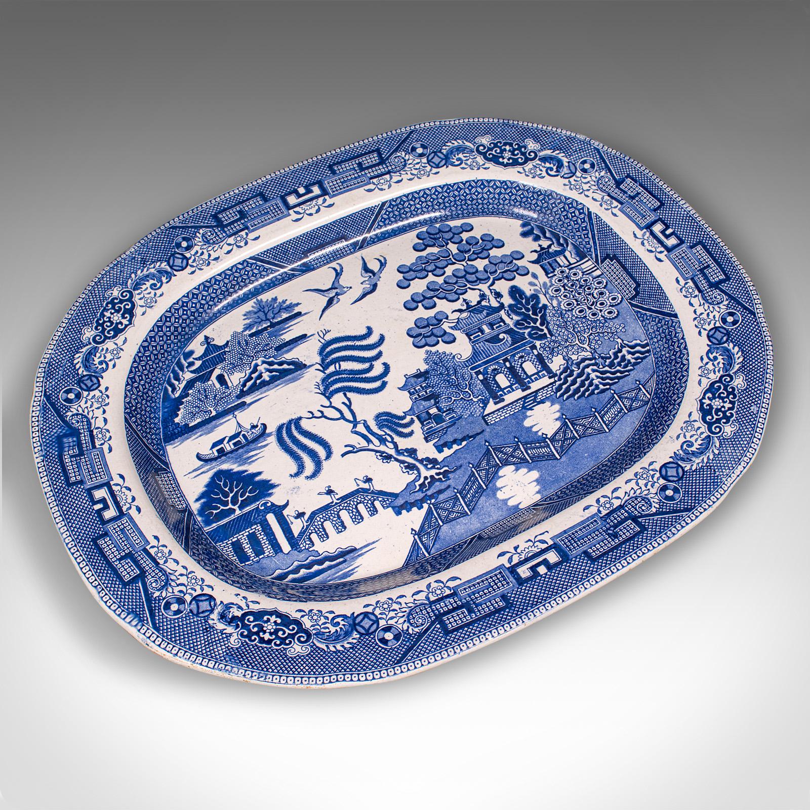 Antique Willow Pattern Serving Plate, English, Ceramic, Meat Dish, Victorian For Sale 1