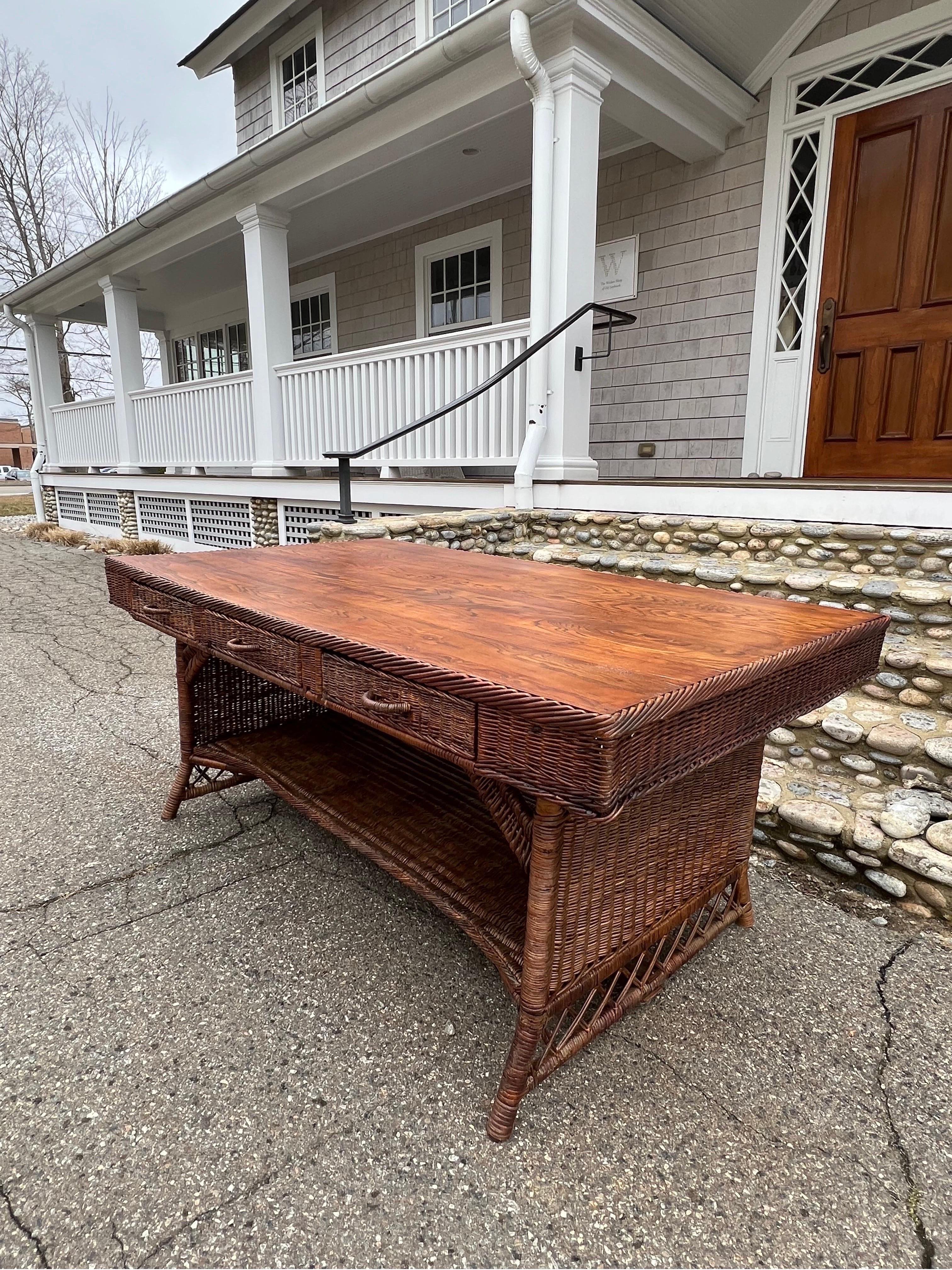 Oak Antique Willow Wicker Desk For Sale