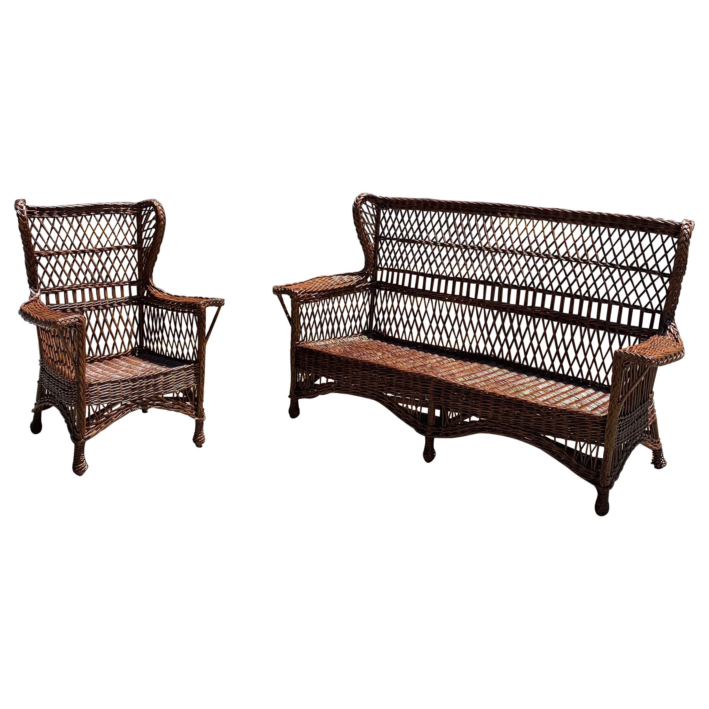 Antique Willow Wicker Sofa and Chairs  For Sale
