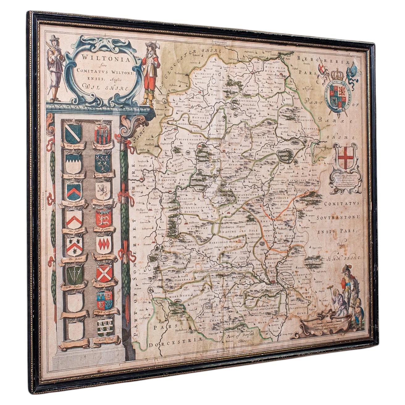 Antique Wiltshire County Map, Dutch, Framed Cartography, Latin, Blaeu, C.1650