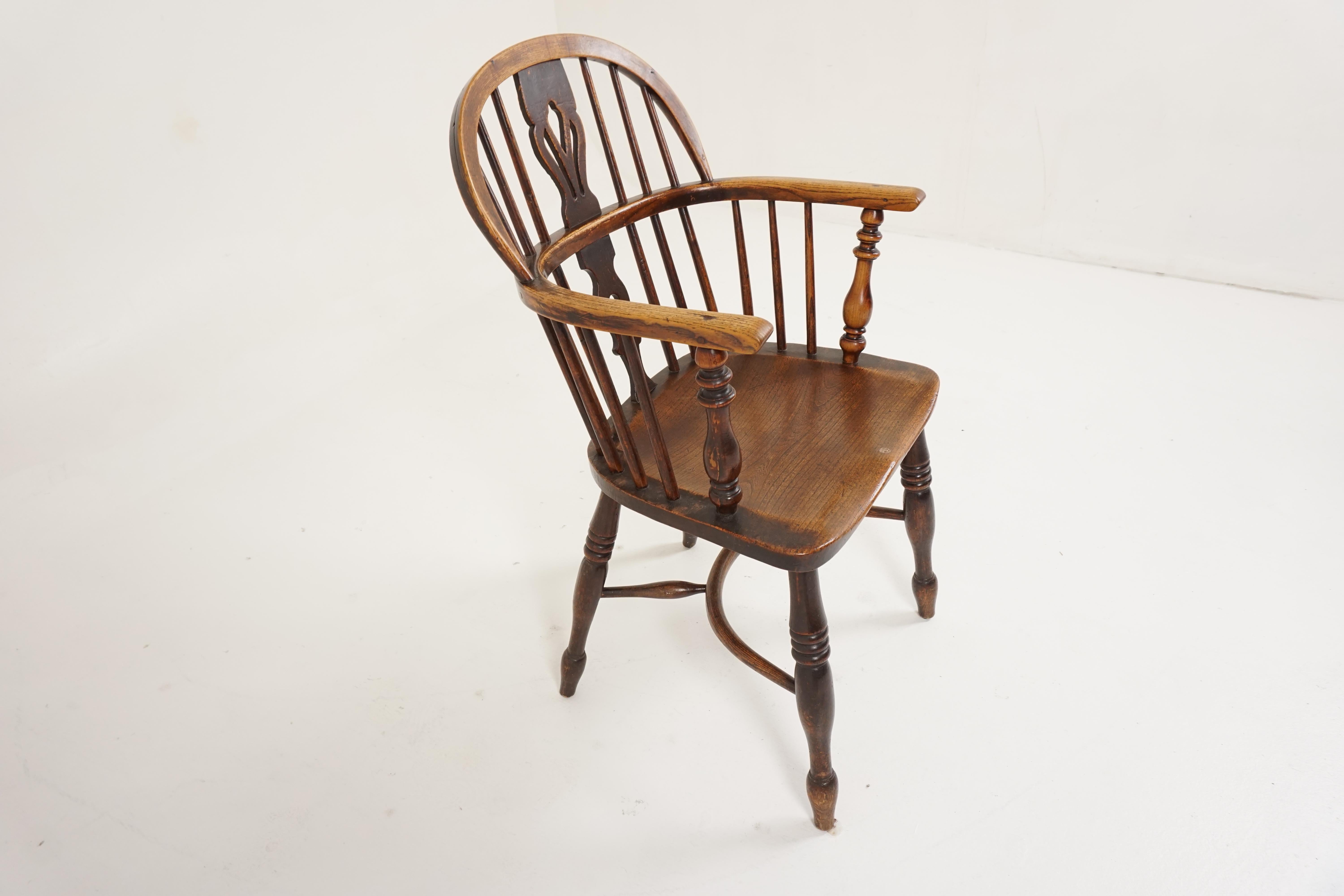 Hand-Crafted Antique Windsor Arm Chair, Country Chair, Elm + Yew, Scotland 1850, H542