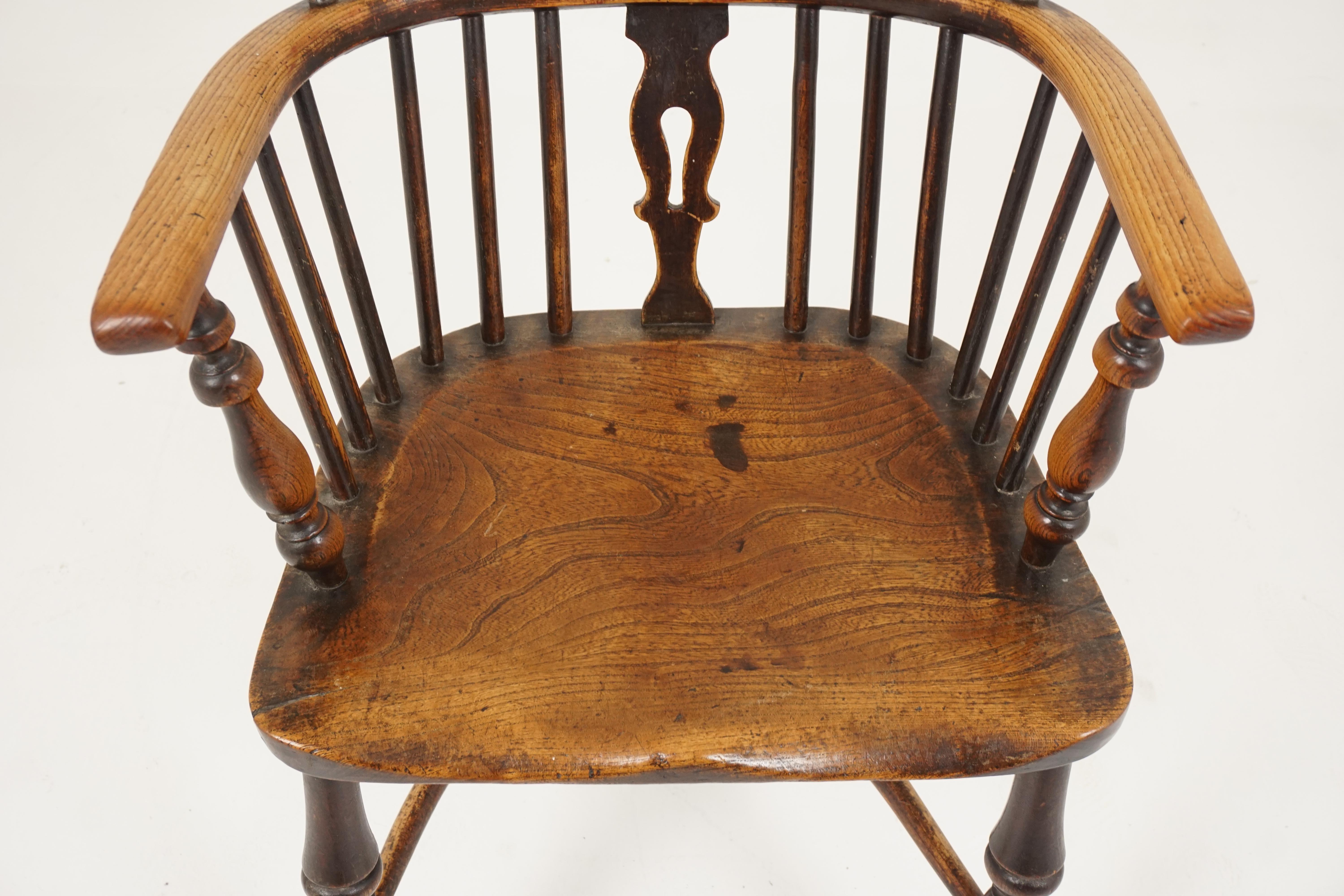 Antique Windsor arm chair, Country Chair, Elm + Yew, Scotland 1850, H544

Scotland 1850
Elm + Yew
Original finish
Consists of a hoop back leading down to a central pierced splat of stylized Fleur De Lys Decorations 
With three spindles to either