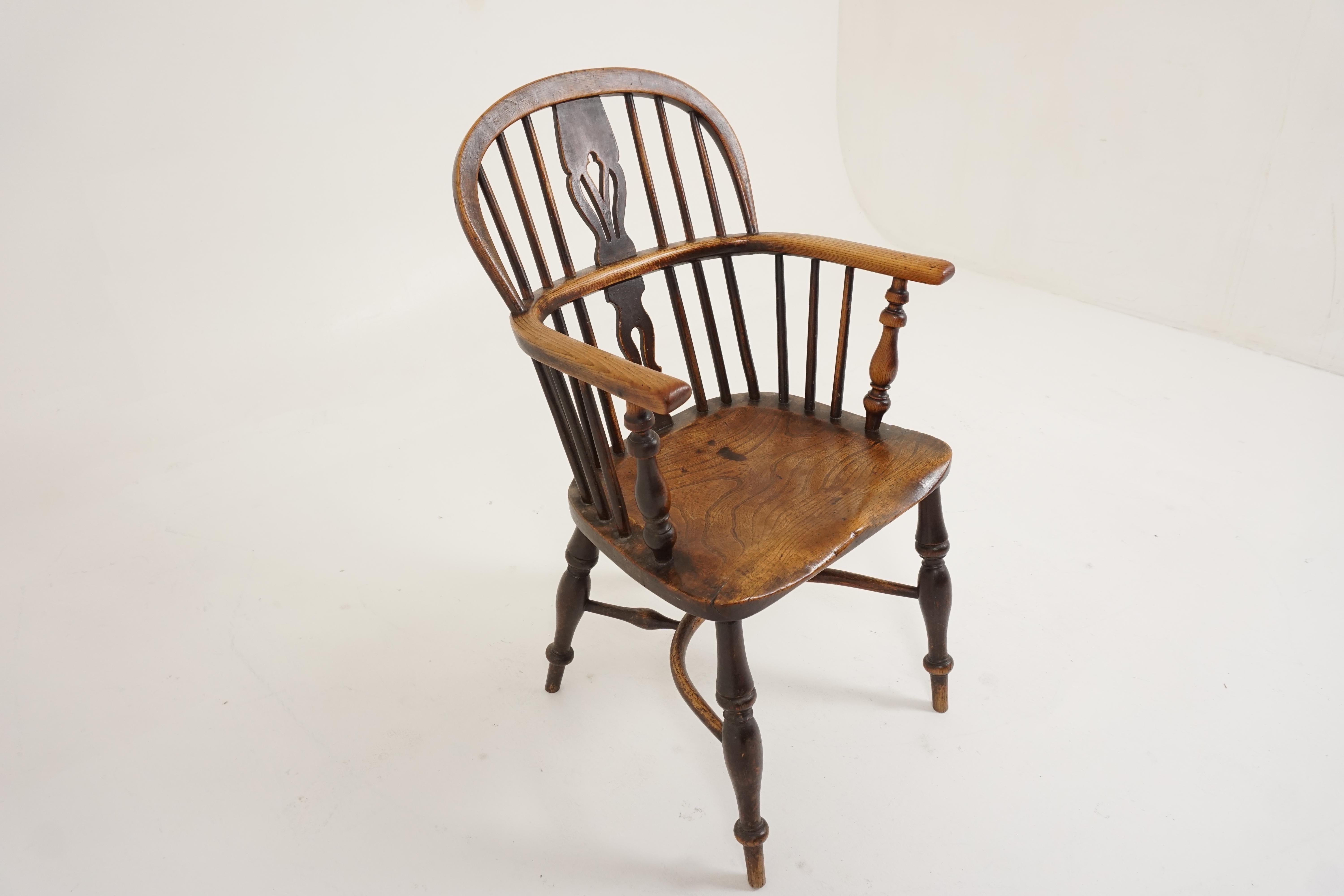 Scottish Antique Windsor Arm Chair, Country Chair, Elm + Yew, Scotland 1850, H544