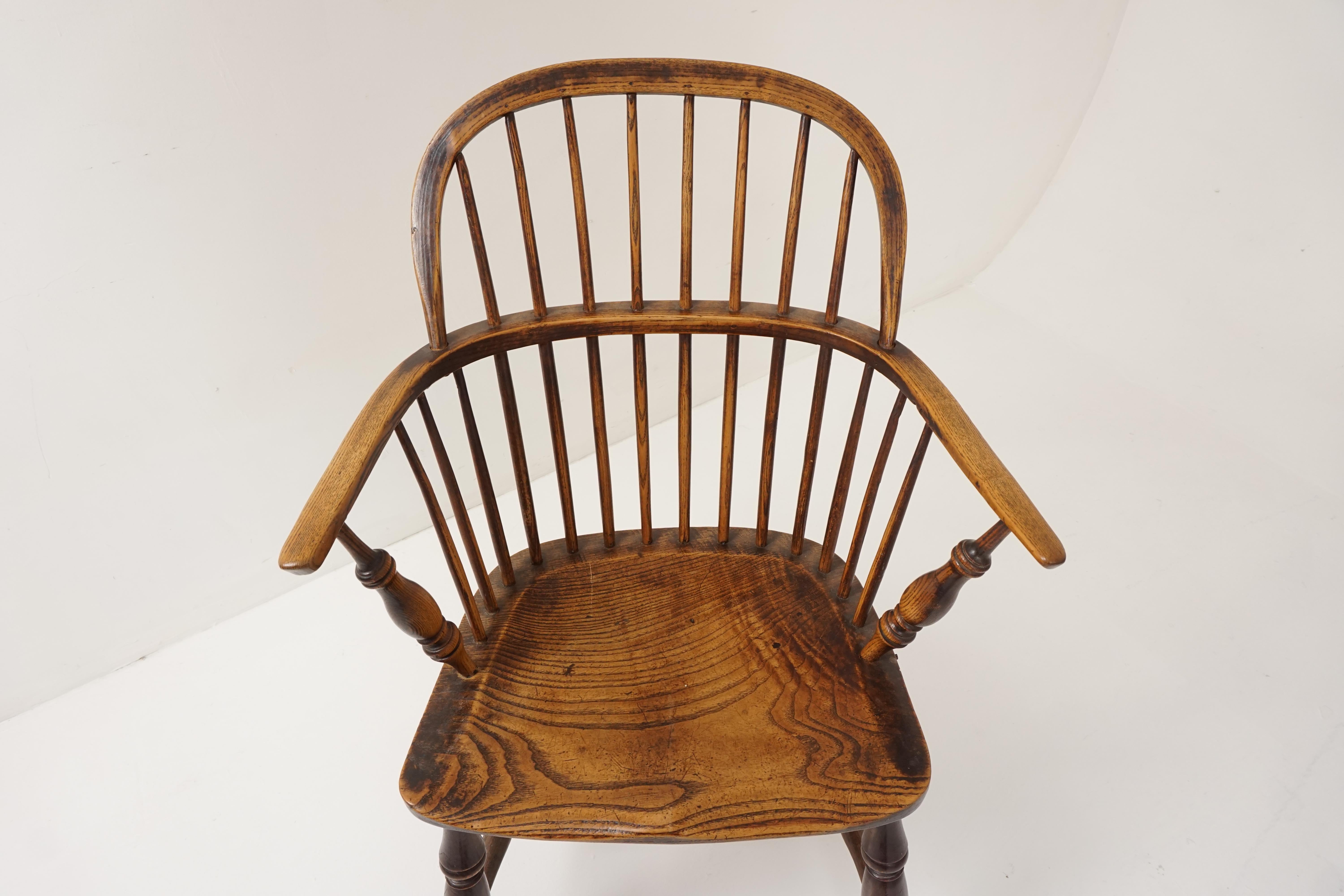 Antique Windsor arm chair, Victorian, elm + yew, low back, Scotland 1850, B2759

Scotland 1850
Elm + Yew
Original finish
The Chair with a hoop back and arms enclosing tapered spindles
The arms held by ringed shaped supports
The well figured