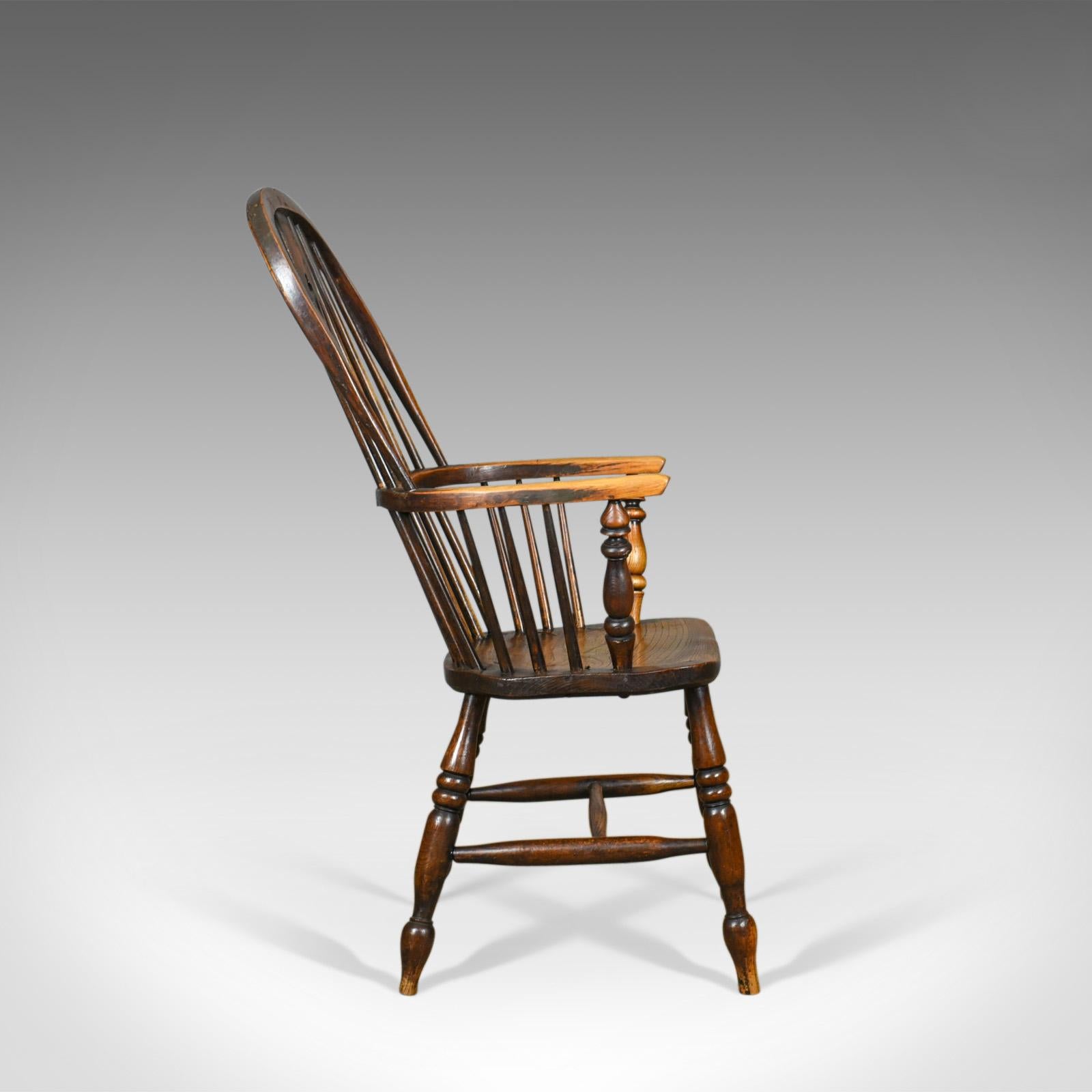 English Antique Windsor Armchair, Victorian Country Kitchen Stick Back Elbow, circa 1850