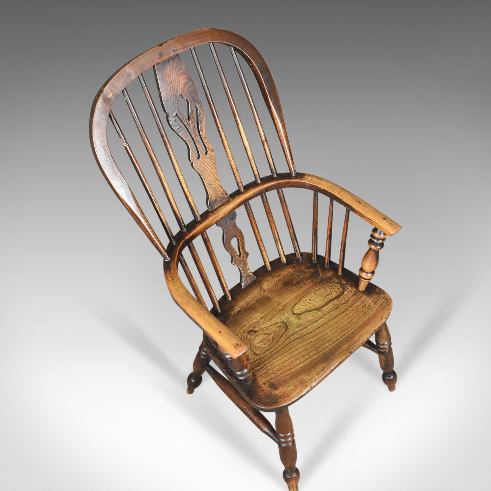 19th Century Antique Windsor Armchair, Victorian Country Kitchen Stick Back Elbow, circa 1850