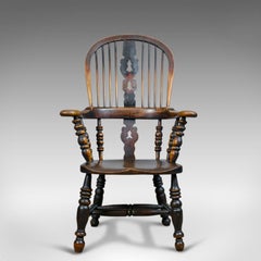 Antique Windsor Broad Arm Elbow Chair, English, Victorian, Elm, Ash, circa 1850
